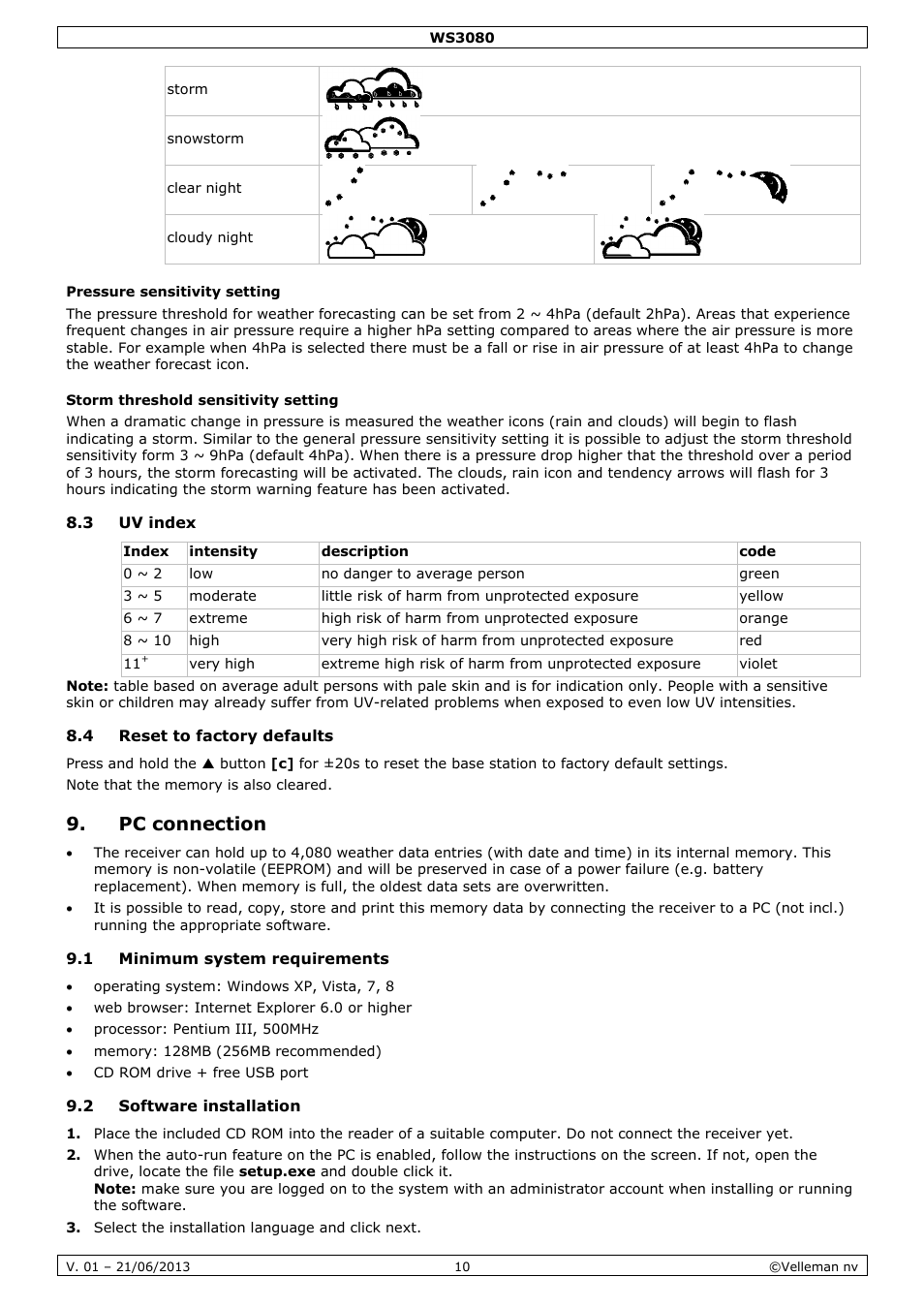 Pressure sensitivity setting, Storm threshold sensitivity setting, 3 uv index | 4 reset to factory defaults, Pc connection, 1 minimum system requirements, 2 software installation | Velleman WS3080 User Manual | Page 10 / 90