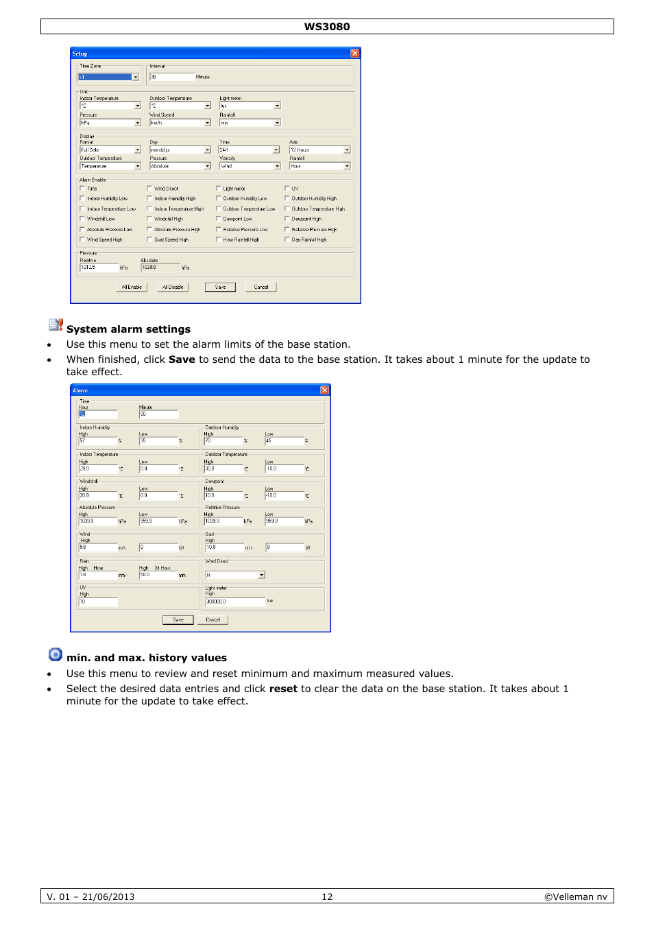 System alarm settings, Min. and max. history values | Velleman WS3080 User Manual | Page 12 / 90