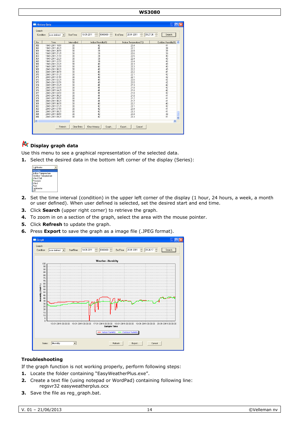 Display graph data, Troubleshooting | Velleman WS3080 User Manual | Page 14 / 90