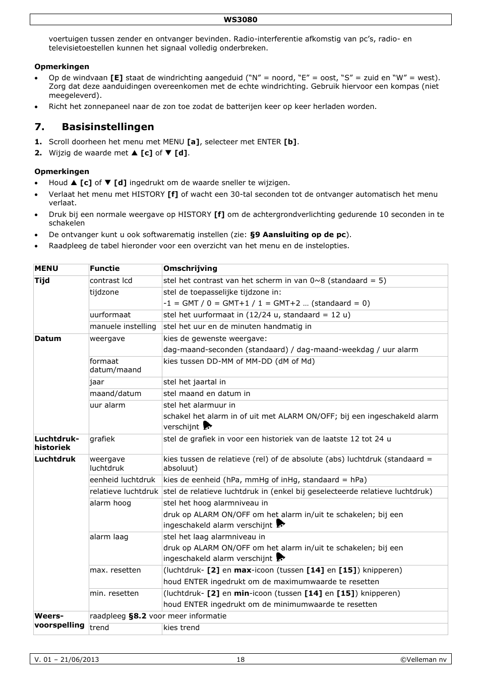 Opmerkingen, Basisinstellingen | Velleman WS3080 User Manual | Page 18 / 90