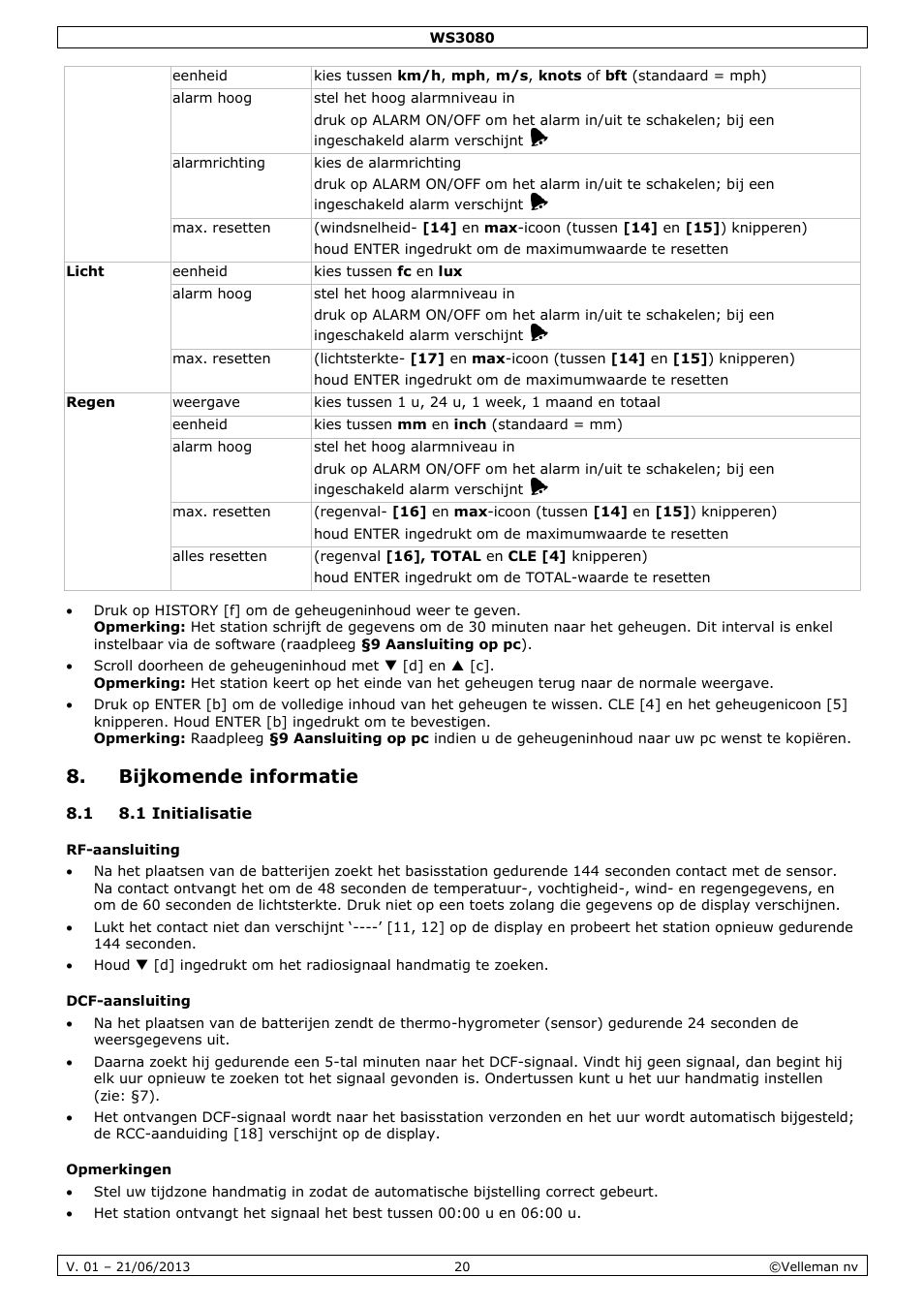 Bijkomende informatie, 1 8.1 initialisatie, Rf-aansluiting | Dcf-aansluiting, Opmerkingen | Velleman WS3080 User Manual | Page 20 / 90