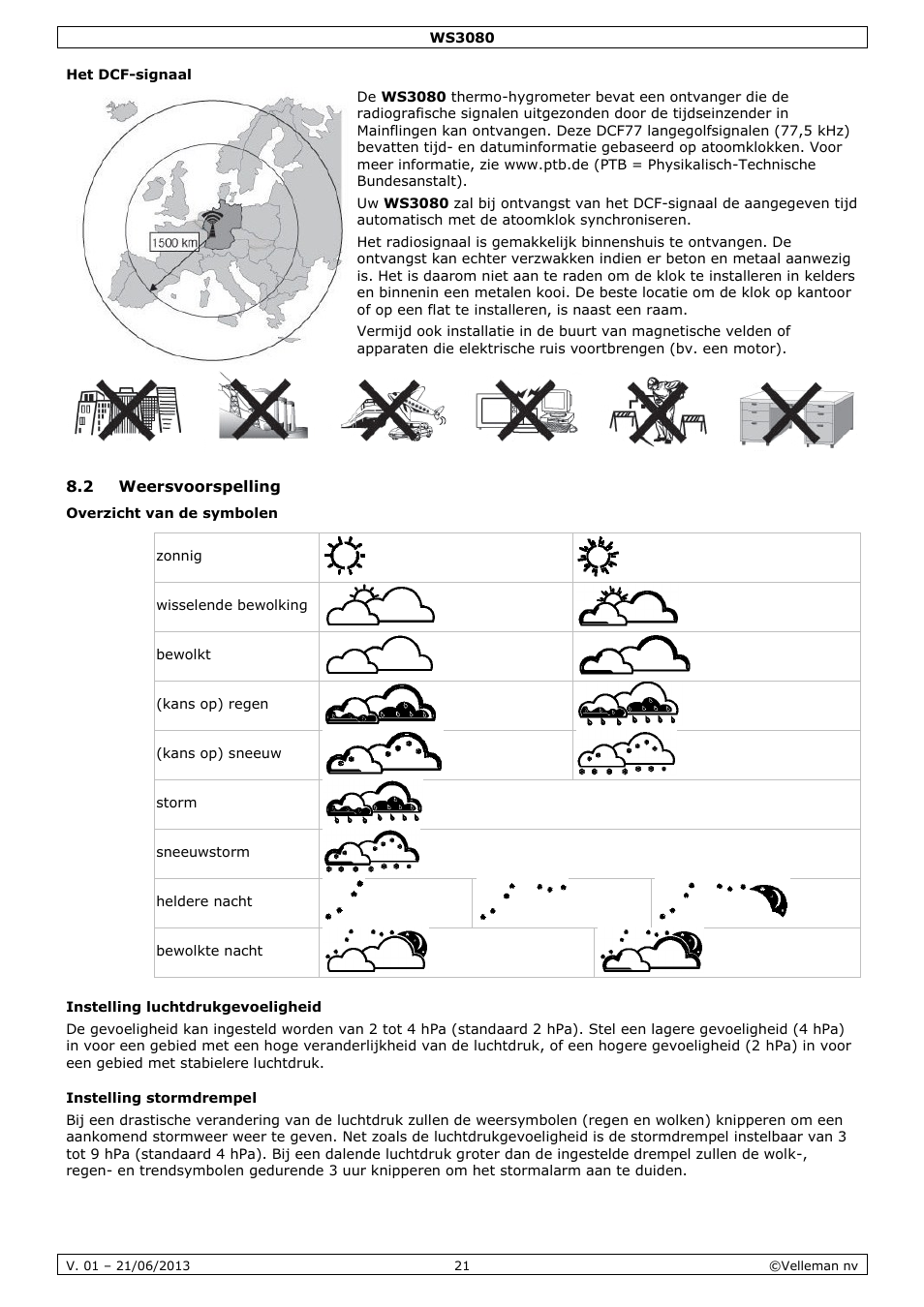 Het dcf-signaal, 2 weersvoorspelling, Instelling luchtdrukgevoeligheid | Instelling stormdrempel | Velleman WS3080 User Manual | Page 21 / 90