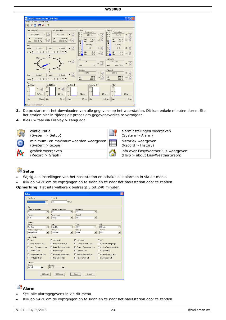 Setup, Alarm | Velleman WS3080 User Manual | Page 23 / 90