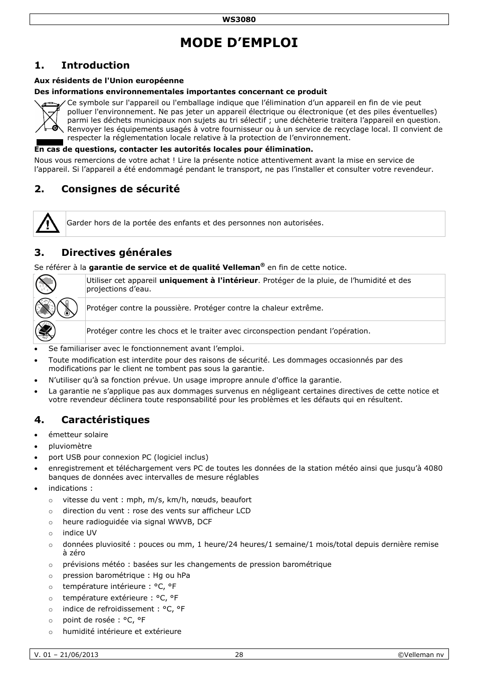 Mode d’emploi, Introduction, Consignes de sécurité | Directives générales, Caractéristiques, Mode d‘emploi | Velleman WS3080 User Manual | Page 28 / 90