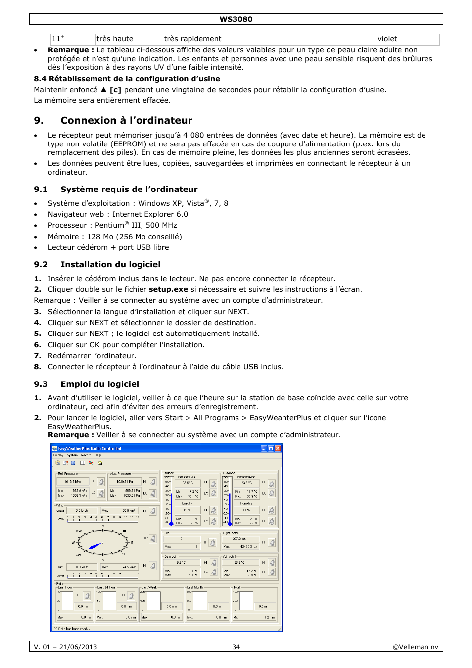 Connexion à l’ordinateur, 1 système requis de l’ordinateur, 2 installation du logiciel | 3 emploi du logiciel | Velleman WS3080 User Manual | Page 34 / 90