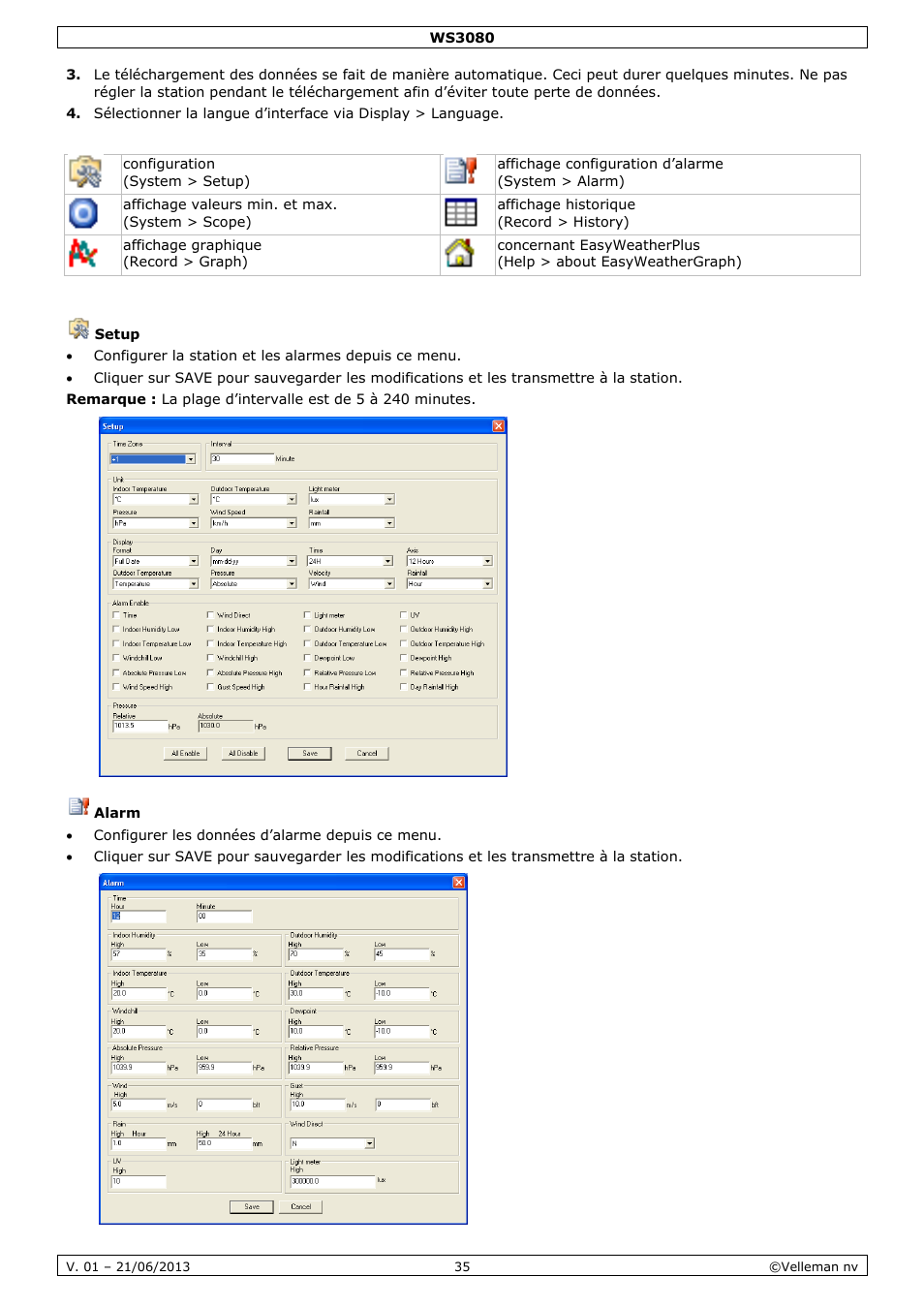 Setup, Alarm | Velleman WS3080 User Manual | Page 35 / 90