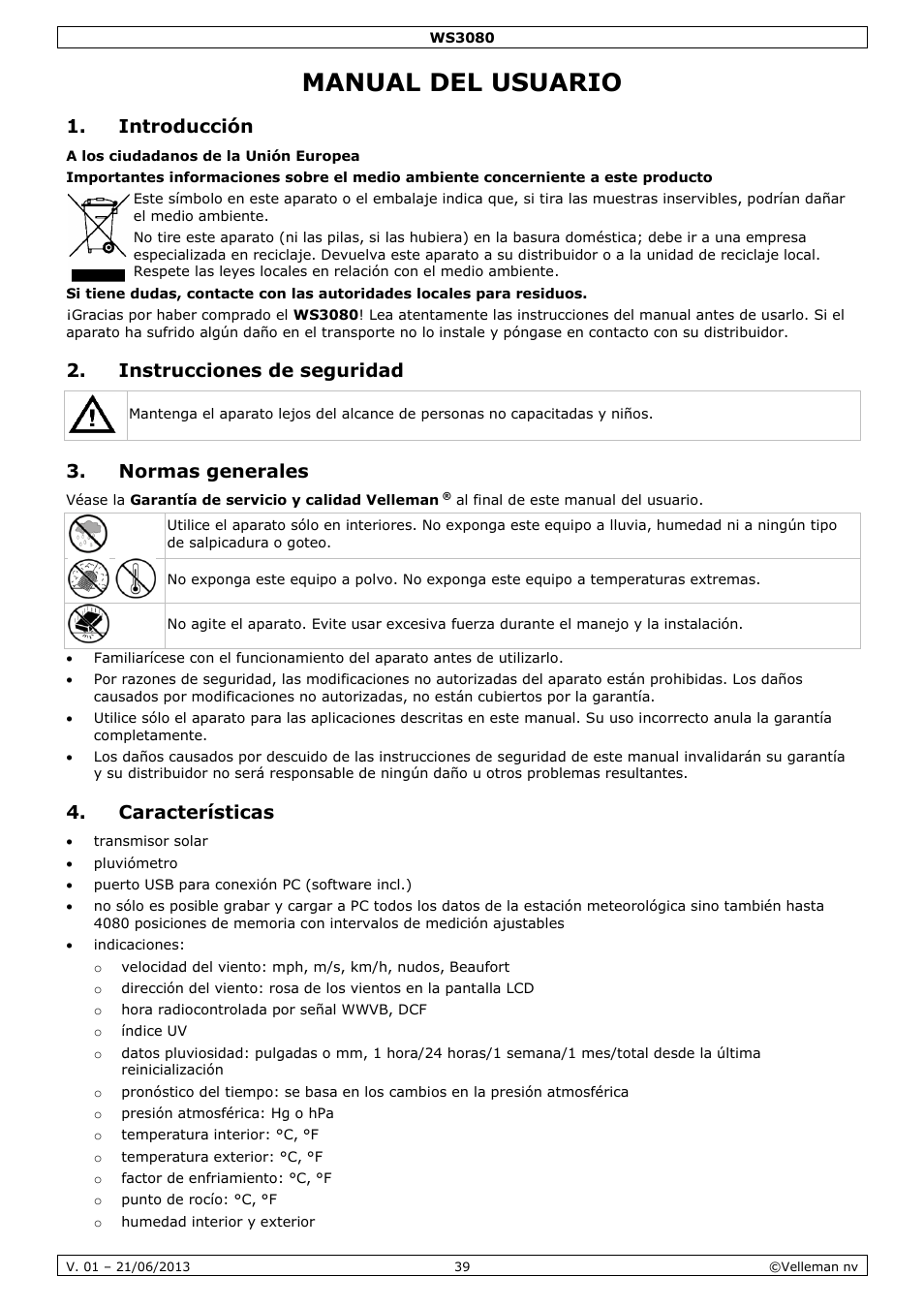 Manual del usuario, Introducción, Instrucciones de seguridad | Normas generales, Características | Velleman WS3080 User Manual | Page 39 / 90