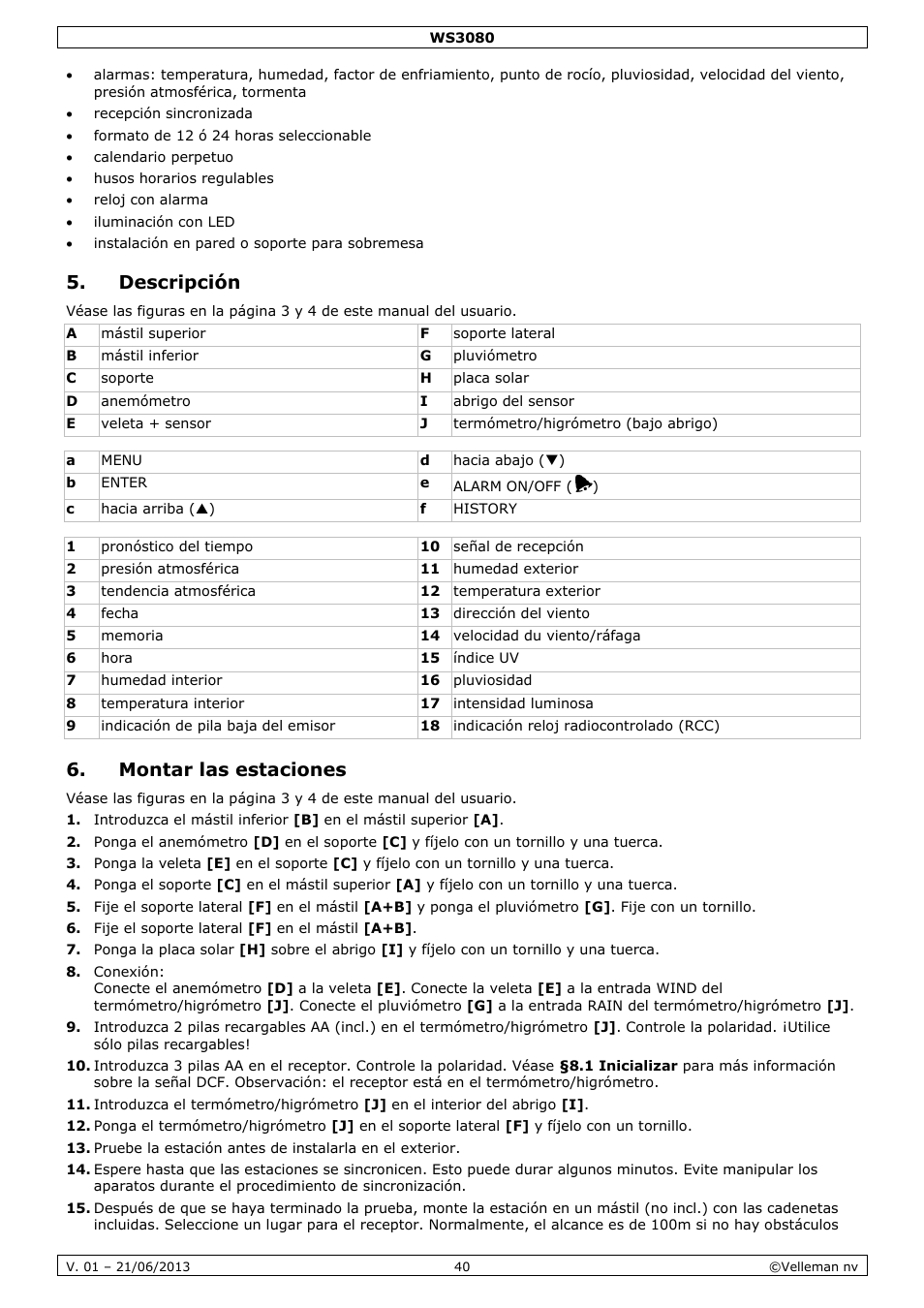 Descripción, Montar las estaciones | Velleman WS3080 User Manual | Page 40 / 90