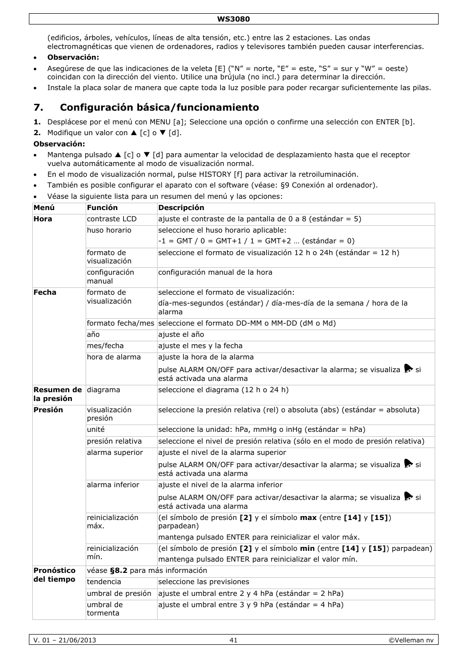 Configuración básica/funcionamiento | Velleman WS3080 User Manual | Page 41 / 90