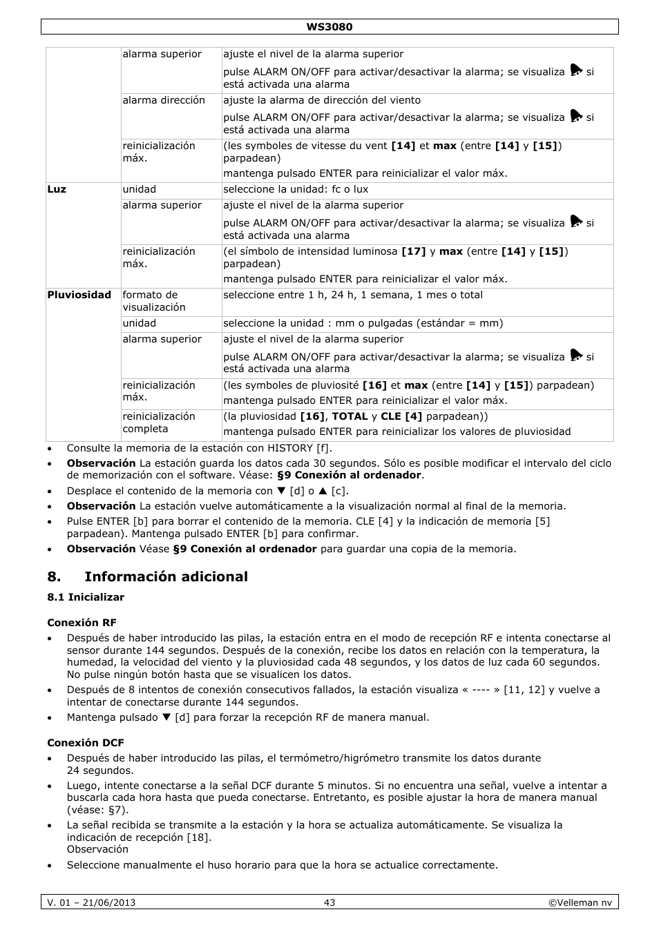 Información adicional, Conexión rf, Conexión dcf | Velleman WS3080 User Manual | Page 43 / 90