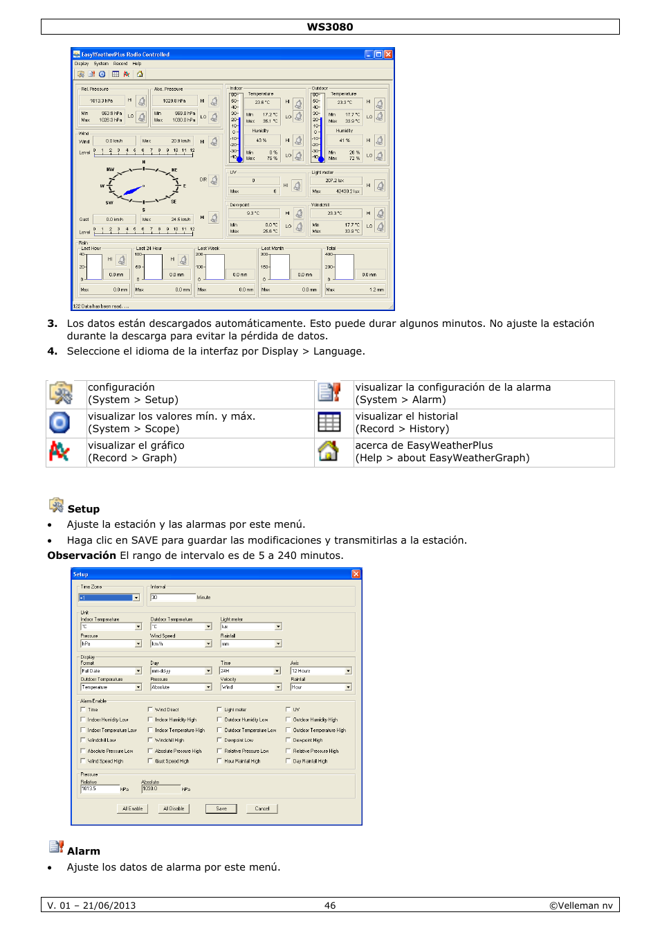 Setup, Alarm | Velleman WS3080 User Manual | Page 46 / 90