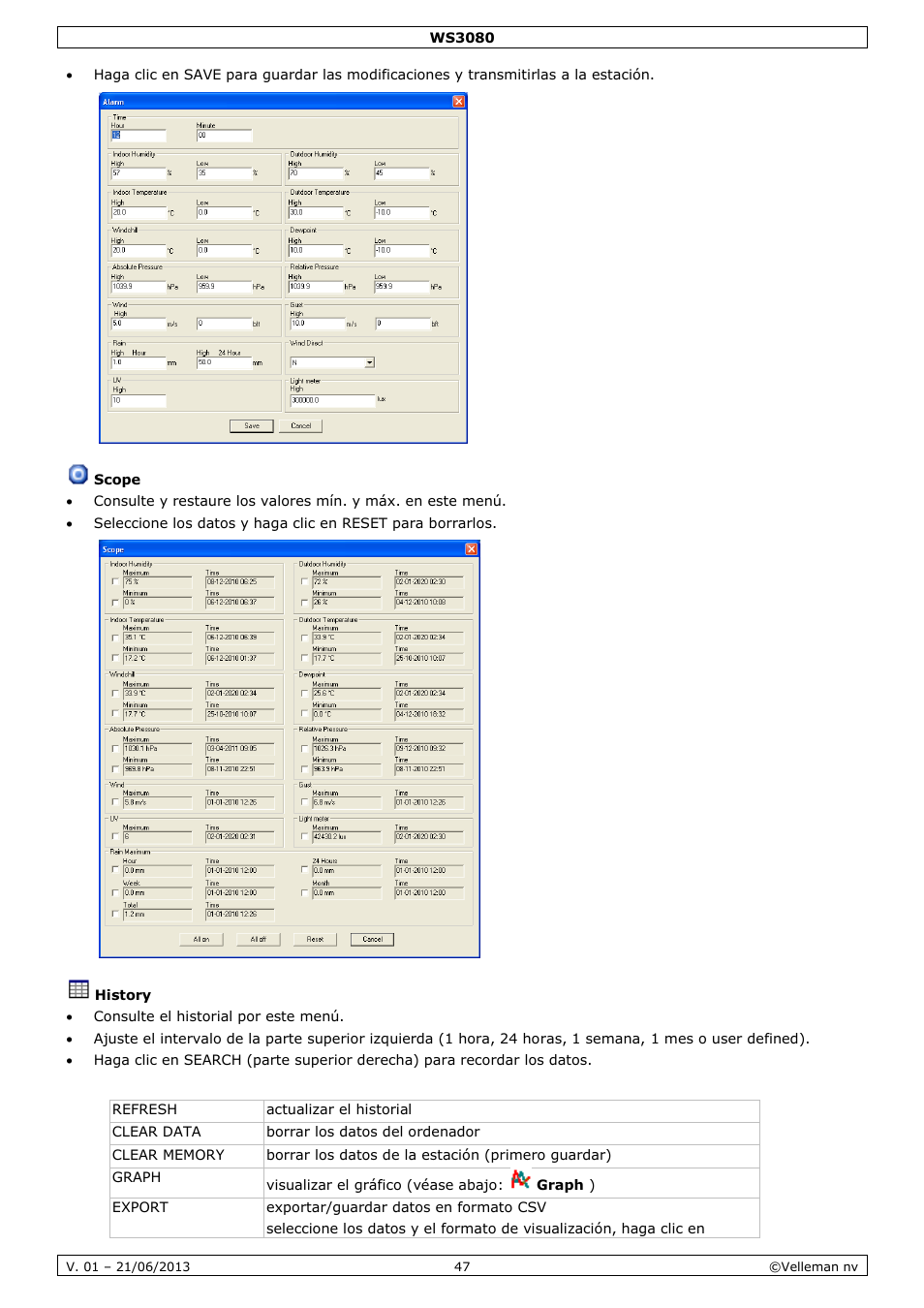 Scope, History | Velleman WS3080 User Manual | Page 47 / 90