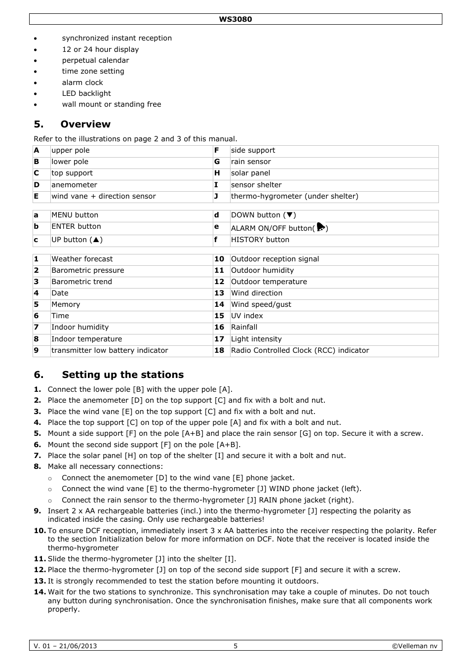 Overview, Setting up the stations | Velleman WS3080 User Manual | Page 5 / 90