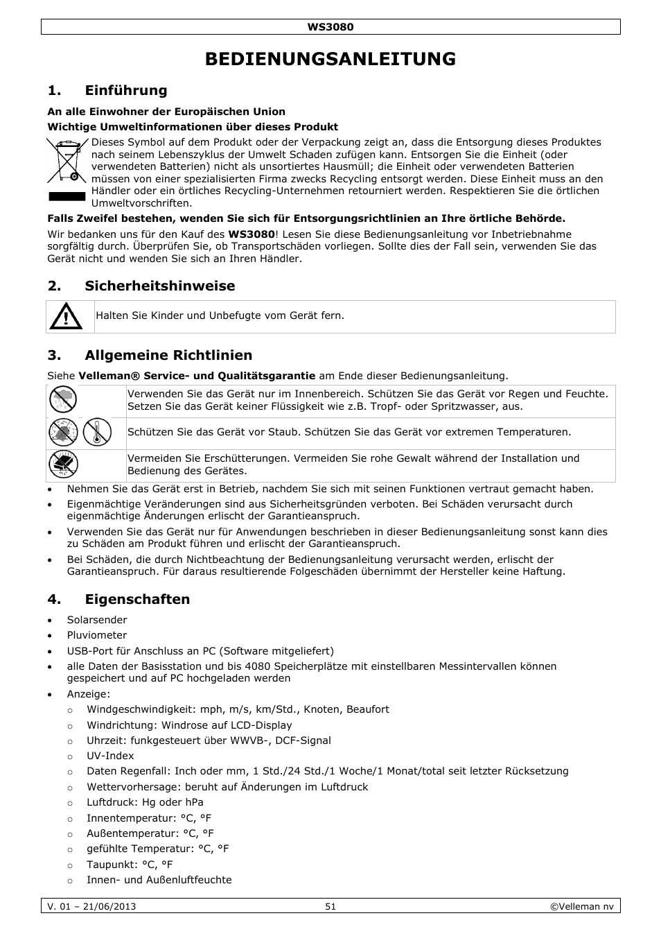 Bedienungsanleitung, Einführung, Sicherheitshinweise | Allgemeine richtlinien, Eigenschaften | Velleman WS3080 User Manual | Page 51 / 90