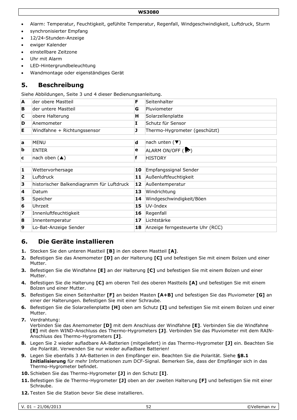 Beschreibung, Die geräte installieren | Velleman WS3080 User Manual | Page 52 / 90