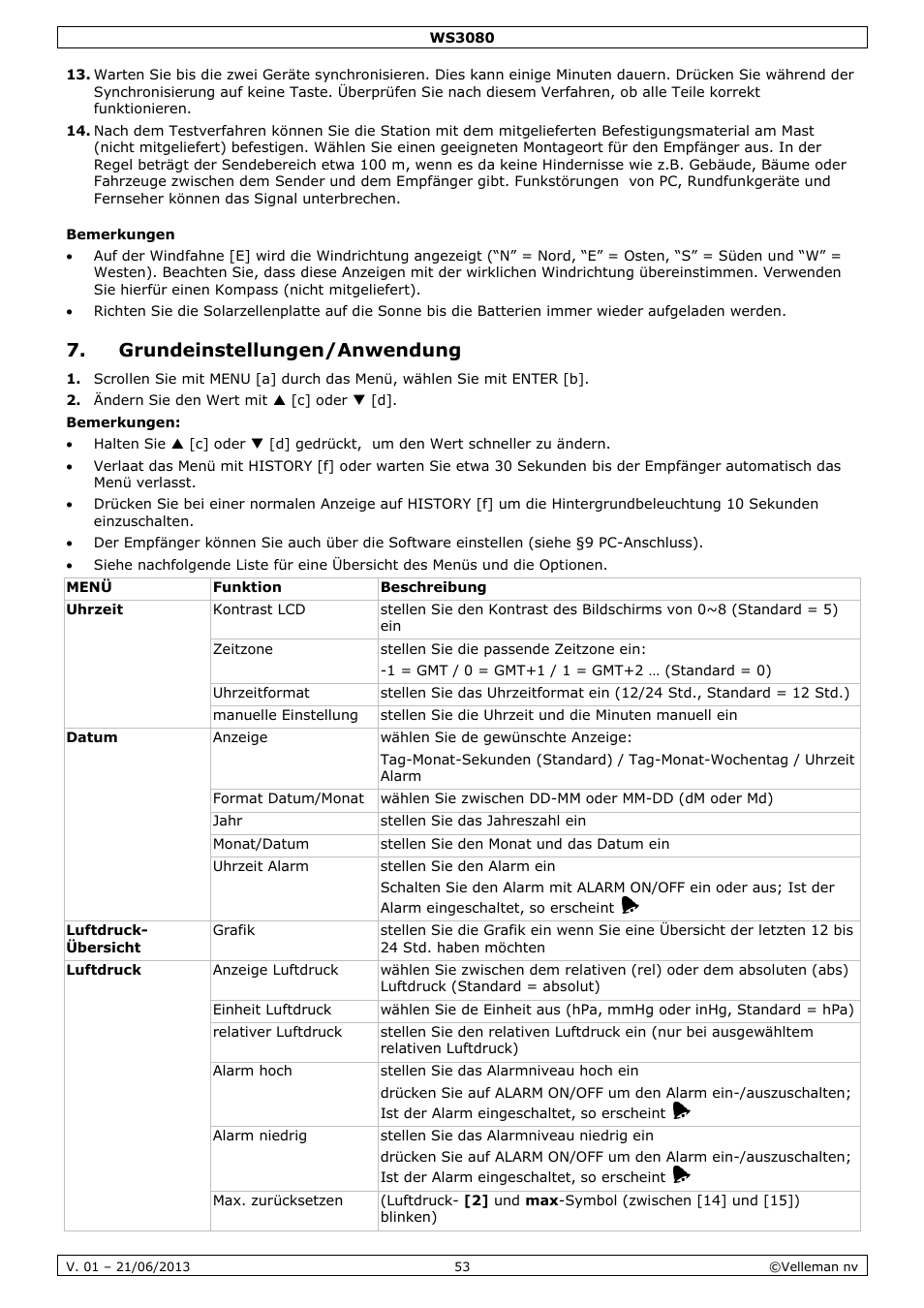 Bemerkungen, Grundeinstellungen/anwendung | Velleman WS3080 User Manual | Page 53 / 90