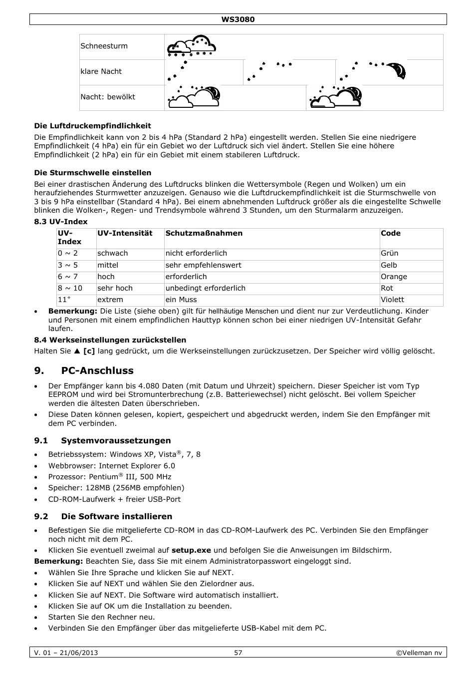 Die luftdruckempfindlichkeit, Die sturmschwelle einstellen, Pc-anschluss | 1 systemvoraussetzungen, 2 die software installieren | Velleman WS3080 User Manual | Page 57 / 90