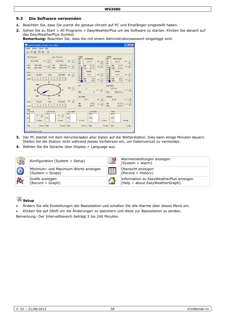 3 die software verwenden, Setup | Velleman WS3080 User Manual | Page 58 / 90