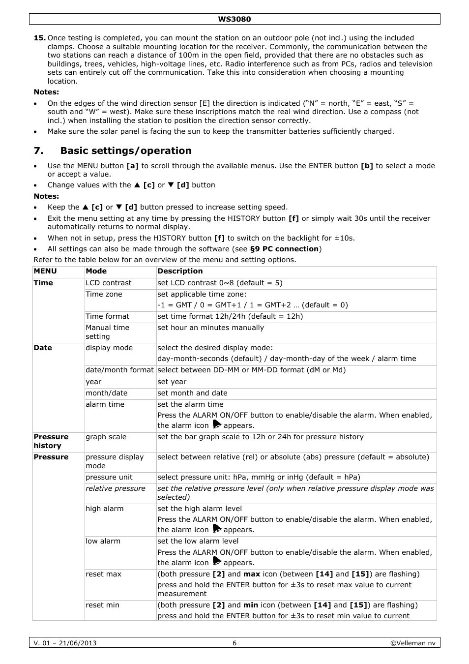 Basic settings/operation | Velleman WS3080 User Manual | Page 6 / 90