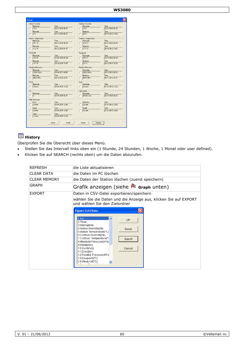 History, Grafik anzeigen (siehe, Unten) | Velleman WS3080 User Manual | Page 60 / 90