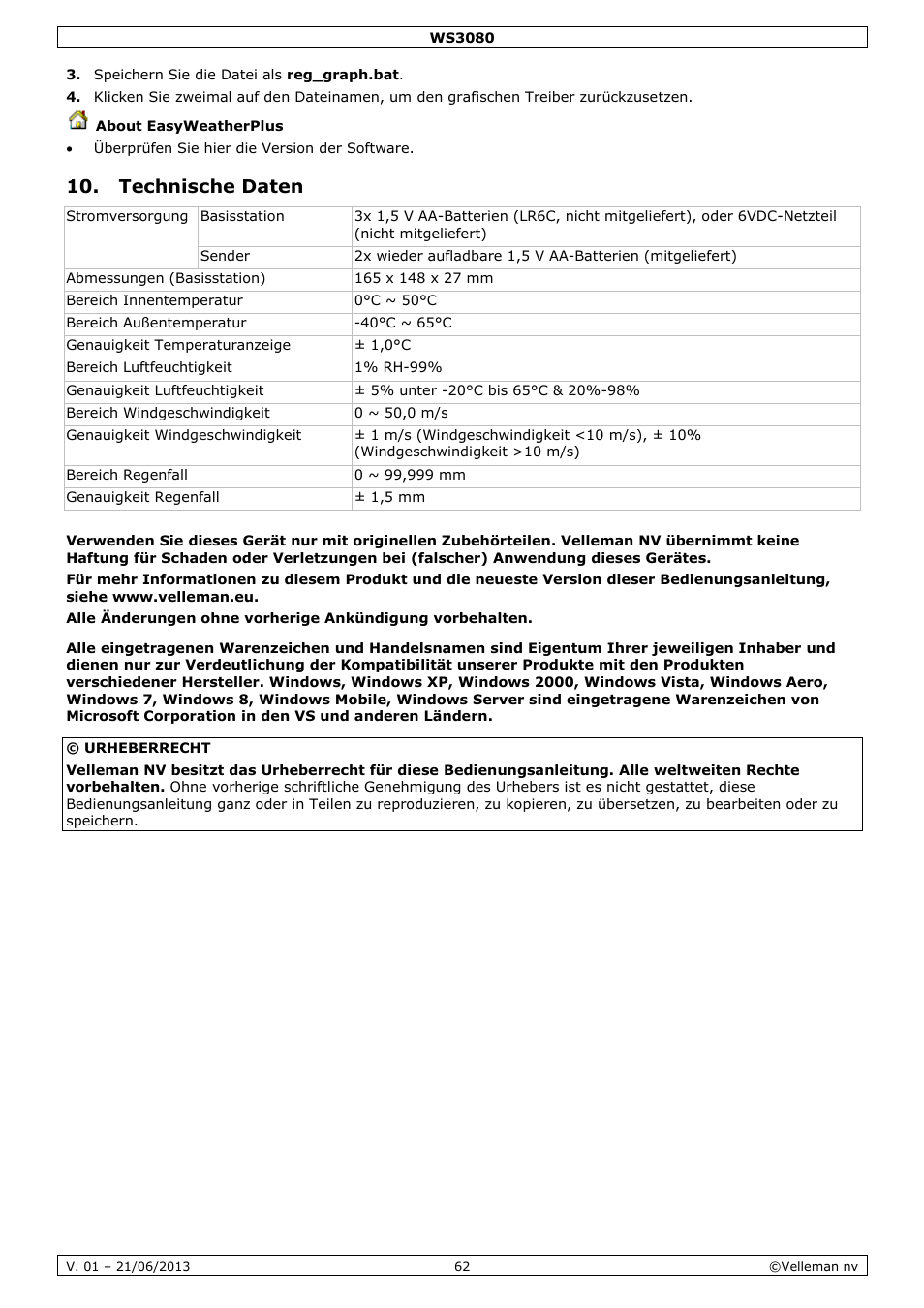 Technische daten | Velleman WS3080 User Manual | Page 62 / 90