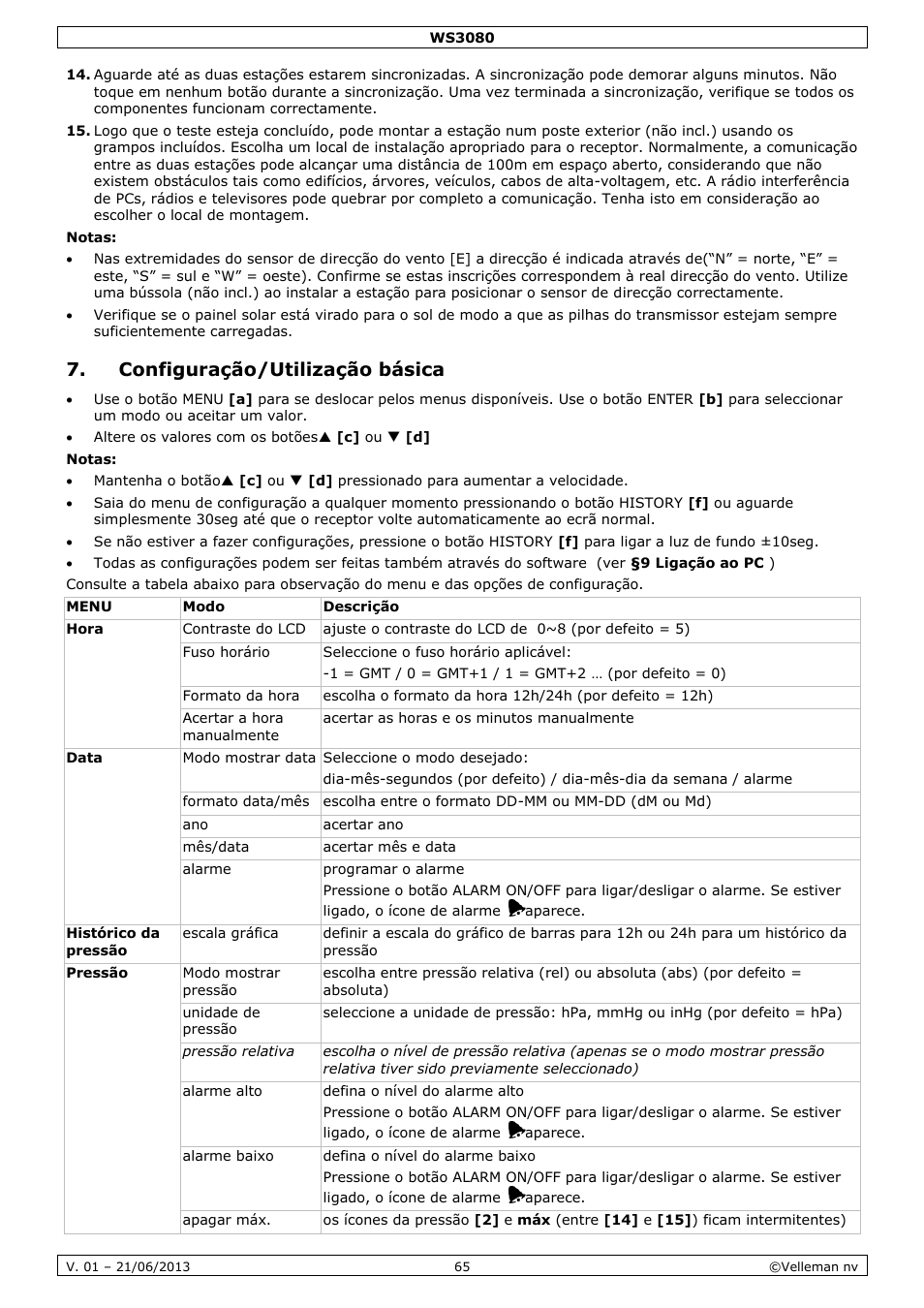 Configuração/utilização básica | Velleman WS3080 User Manual | Page 65 / 90