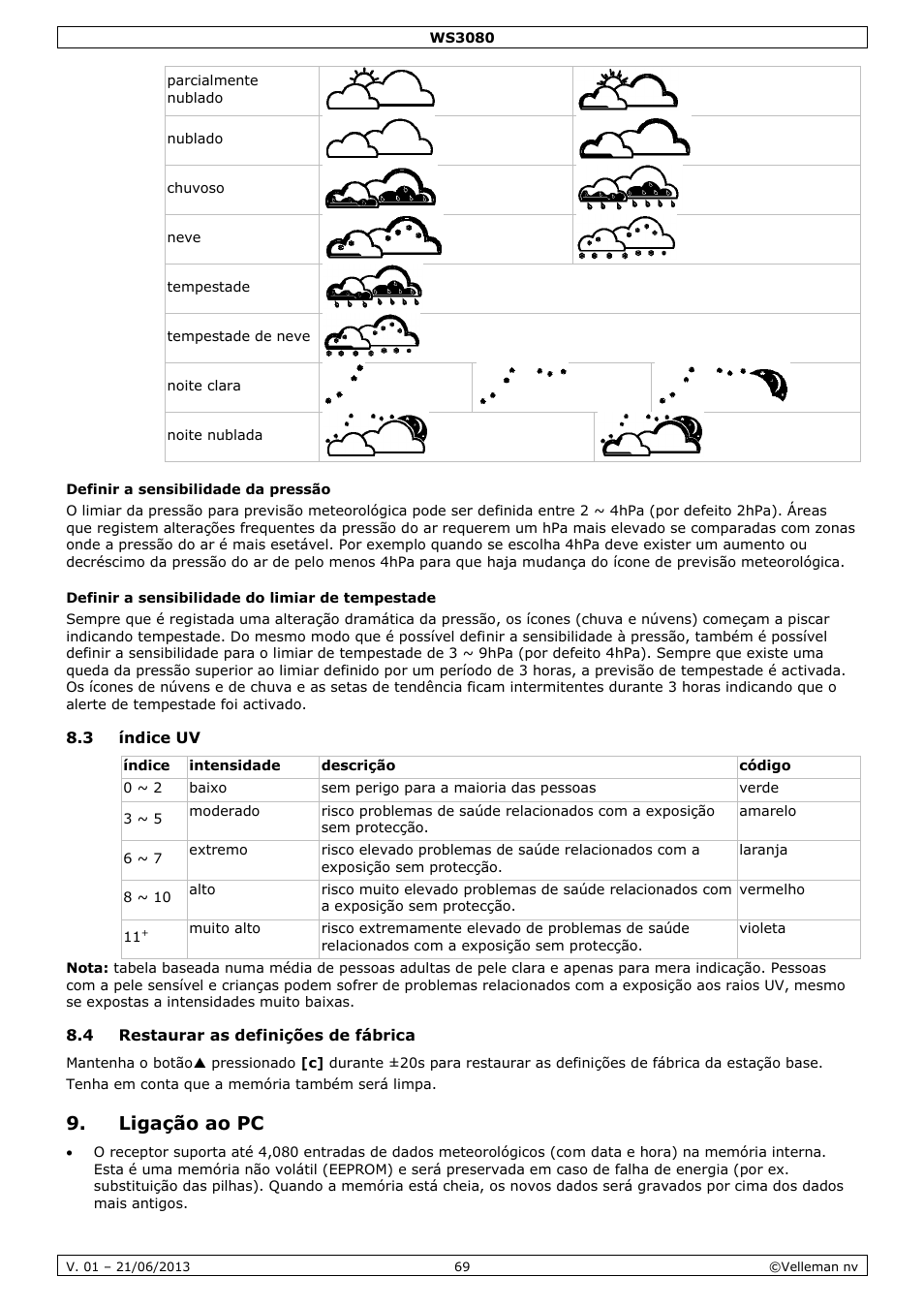 Definir a sensibilidade da pressão, Definir a sensibilidade do limiar de tempestade, 3 índice uv | 4 restaurar as definições de fábrica, Ligação ao pc | Velleman WS3080 User Manual | Page 69 / 90