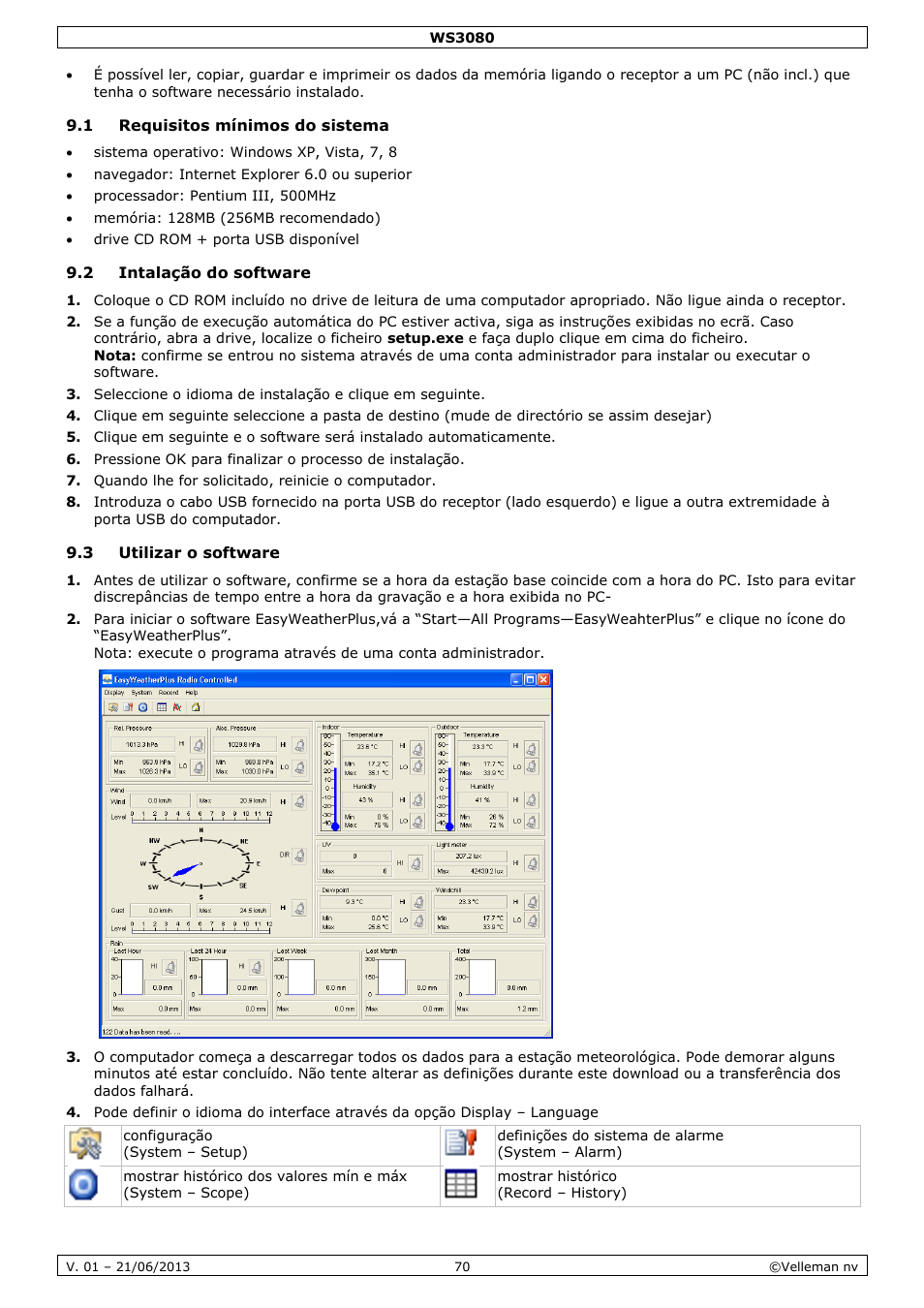 1 requisitos mínimos do sistema, 2 intalação do software, 3 utilizar o software | Velleman WS3080 User Manual | Page 70 / 90