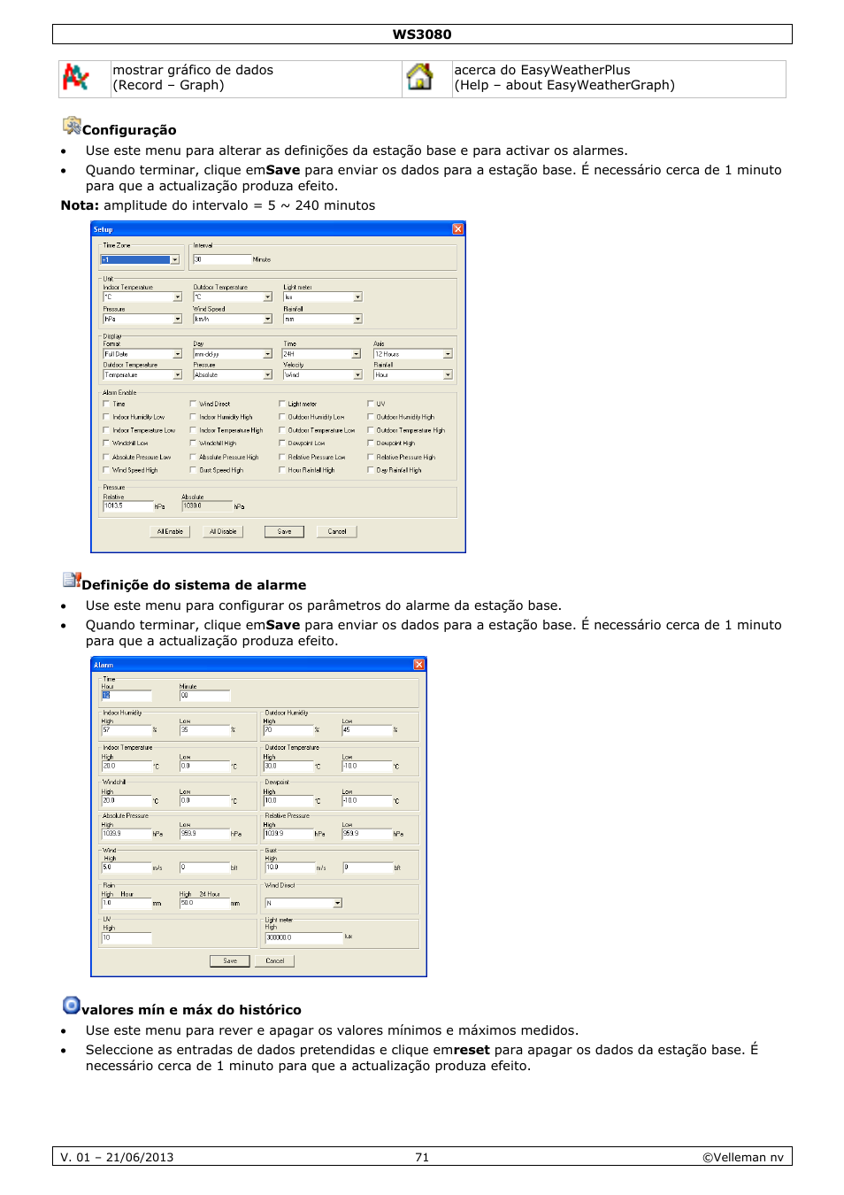 Configuração, Definiçõe do sistema de alarme, Valores mín e máx do histórico | Velleman WS3080 User Manual | Page 71 / 90