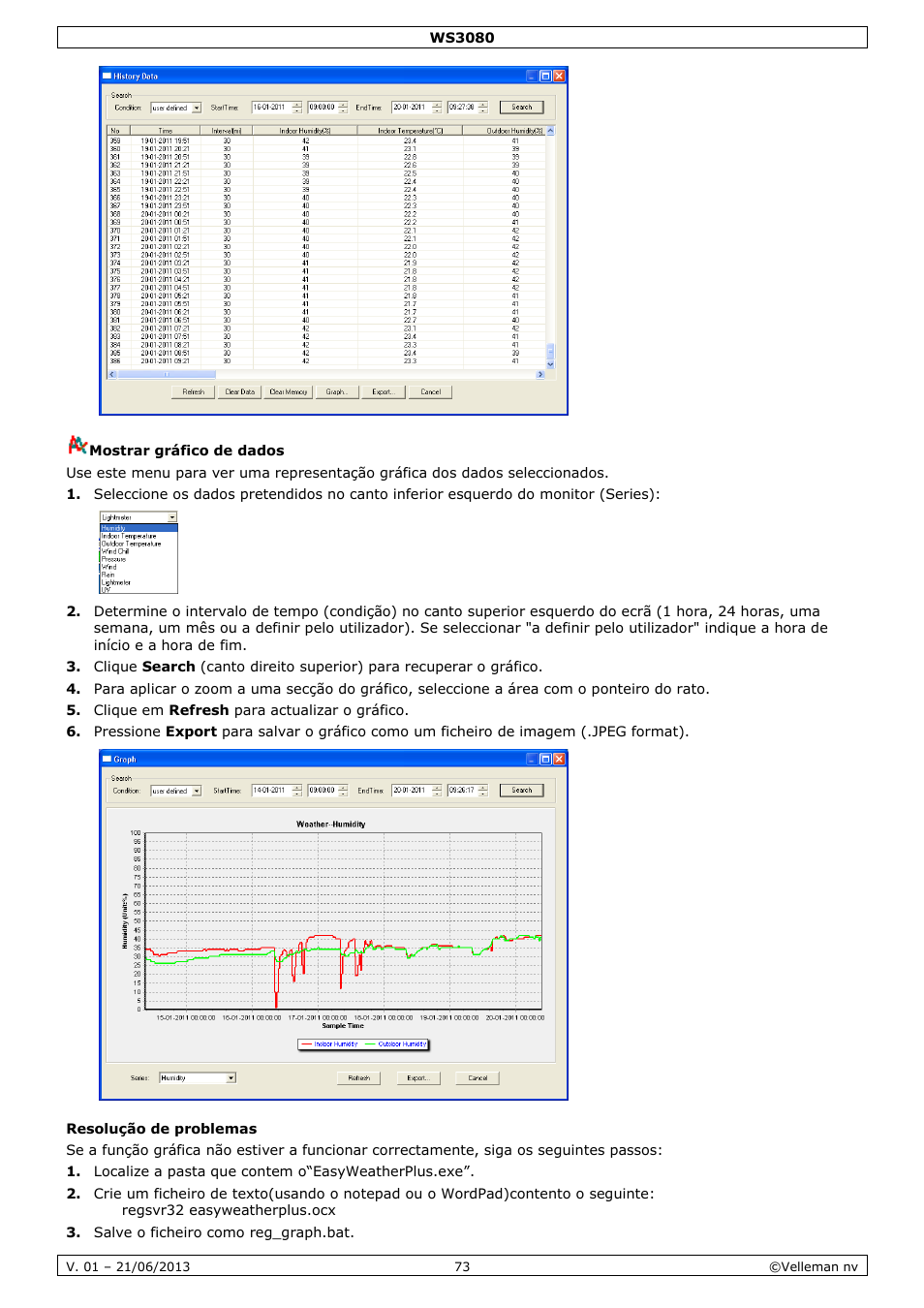 Mostrar gráfico de dados, Resolução de problemas | Velleman WS3080 User Manual | Page 73 / 90