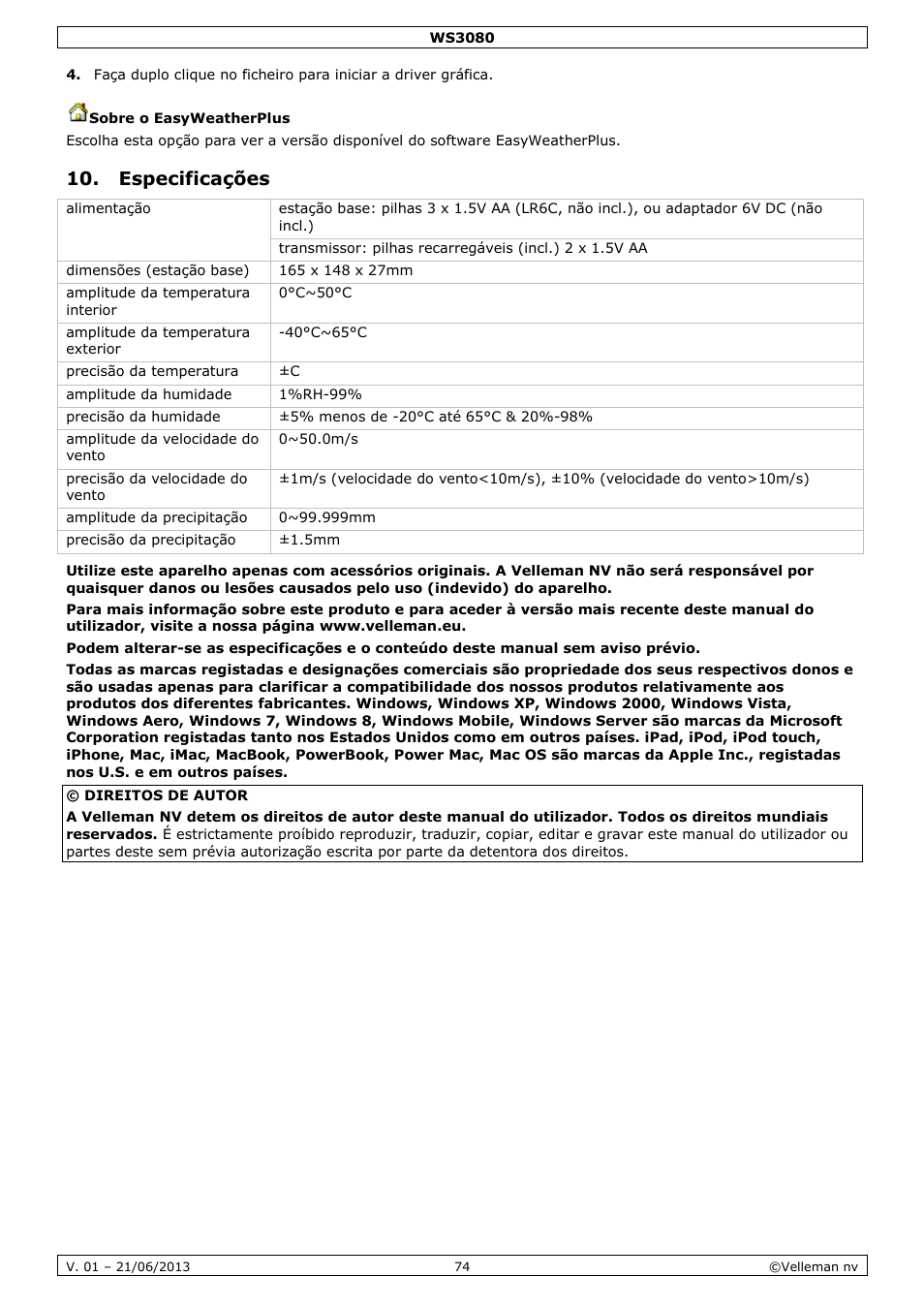 Sobre o easyweatherplus, Especificações | Velleman WS3080 User Manual | Page 74 / 90