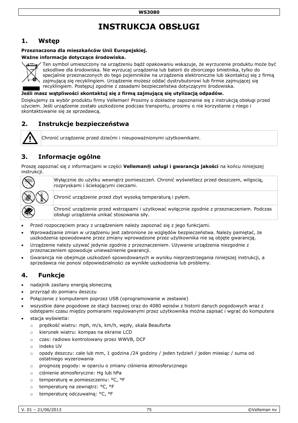 Instrukcja obsługi, Wstęp, Instrukcje bezpieczeństwa | Informacje ogólne, Funkcje | Velleman WS3080 User Manual | Page 75 / 90