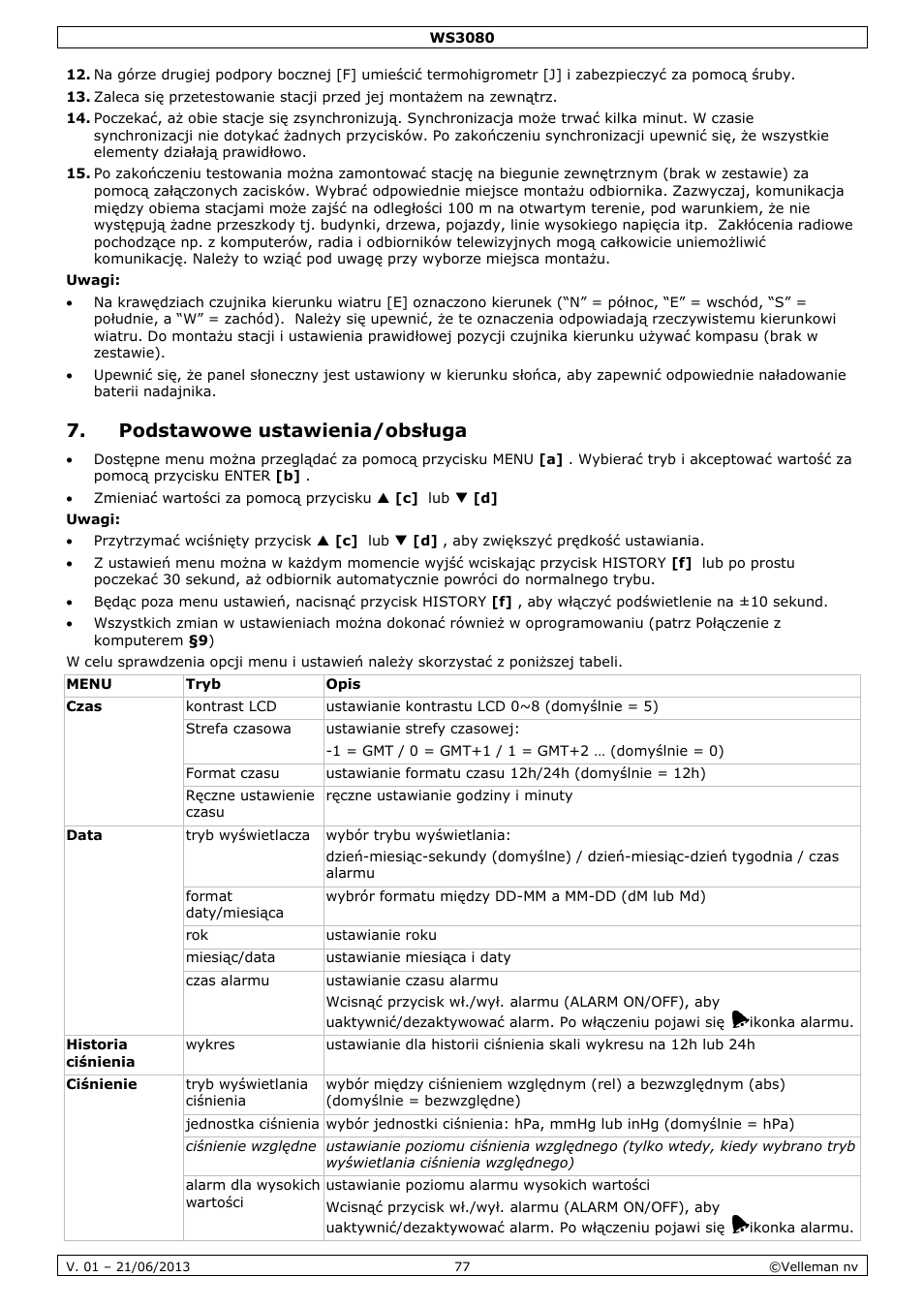 Podstawowe ustawienia/obsługa | Velleman WS3080 User Manual | Page 77 / 90