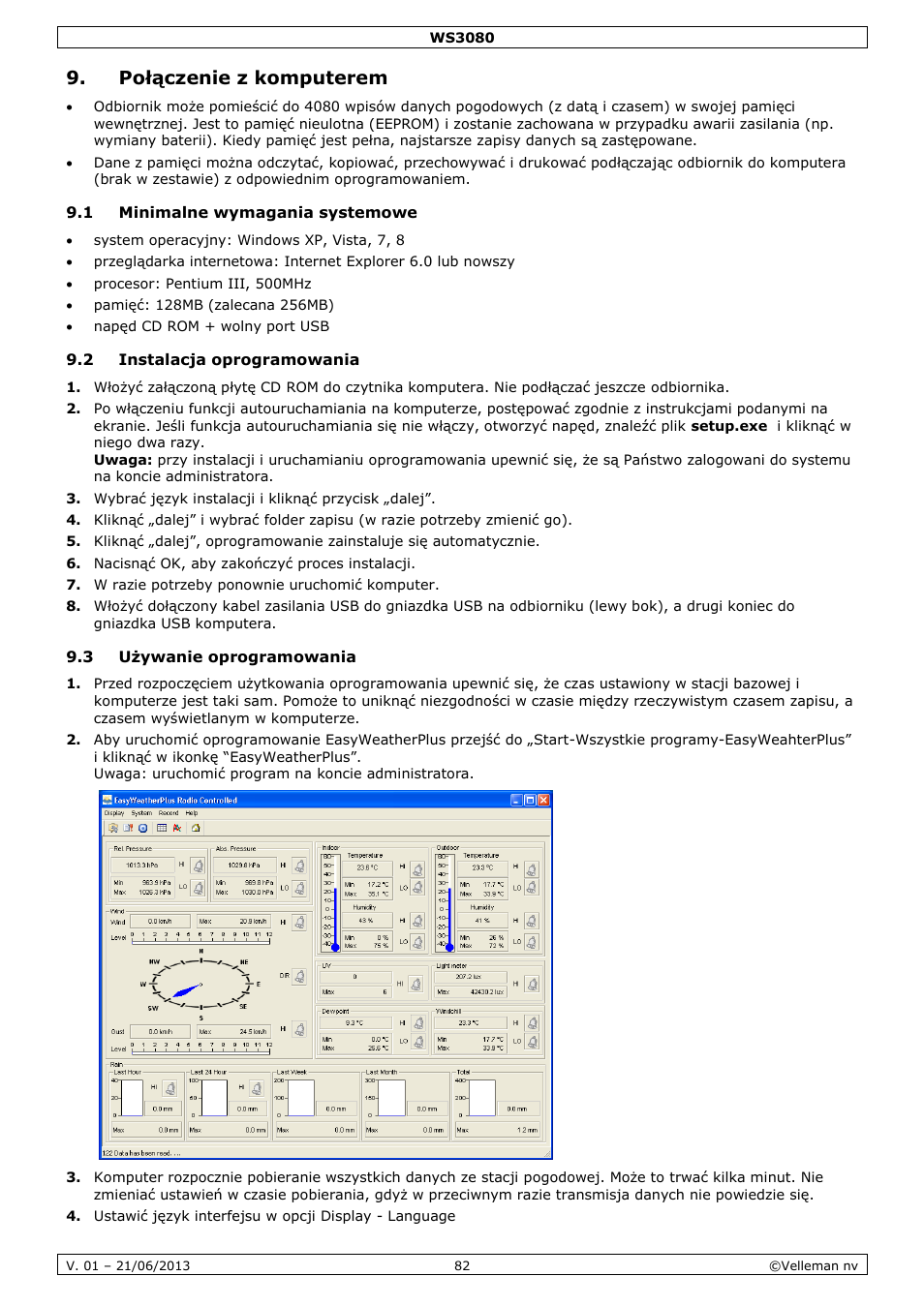 Połączenie z komputerem, 1 minimalne wymagania systemowe, 2 instalacja oprogramowania | 3 używanie oprogramowania | Velleman WS3080 User Manual | Page 82 / 90