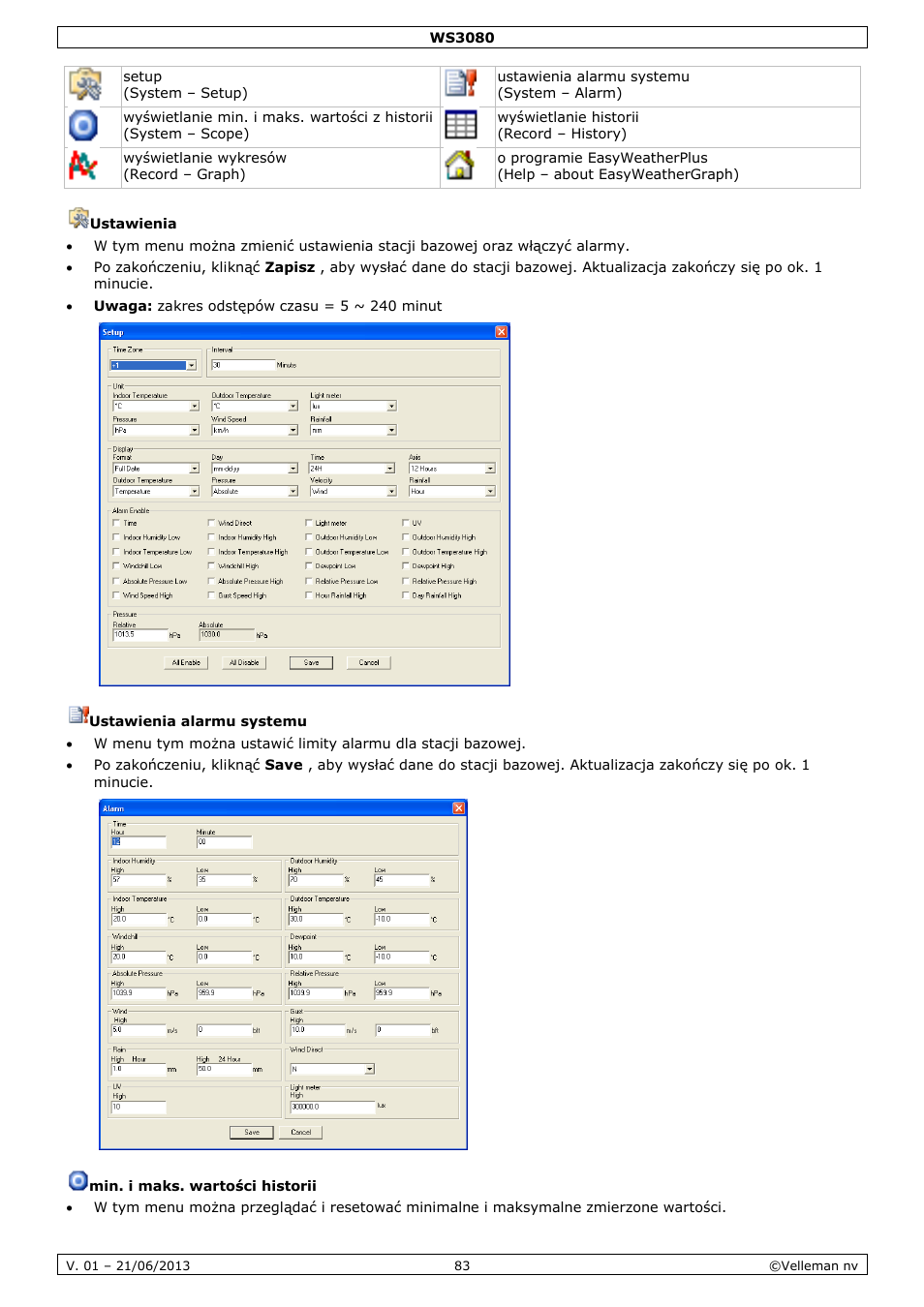 Ustawienia, Ustawienia alarmu systemu, Min. i maks. wartości historii | Velleman WS3080 User Manual | Page 83 / 90