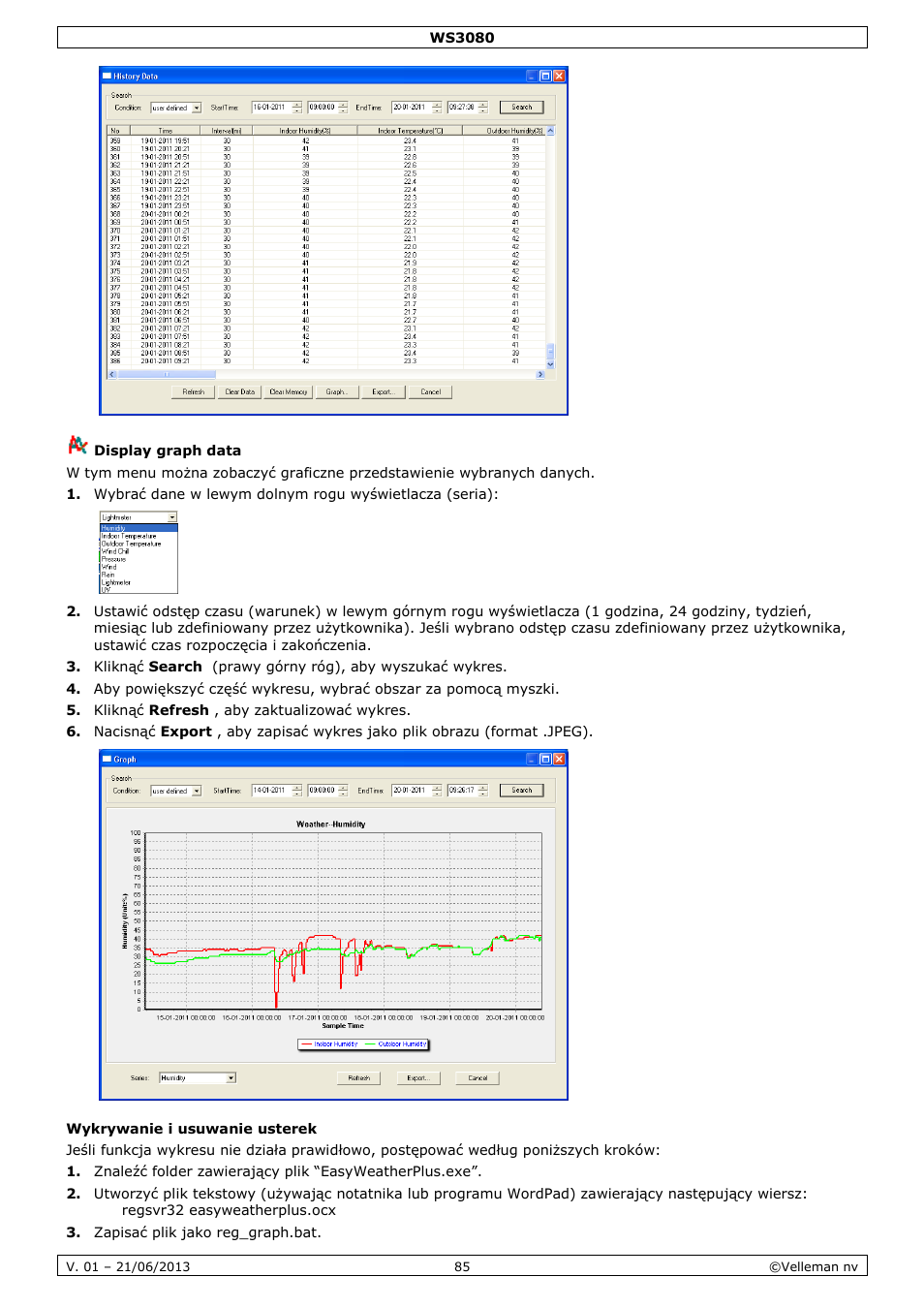 Display graph data, Wykrywanie i usuwanie usterek | Velleman WS3080 User Manual | Page 85 / 90