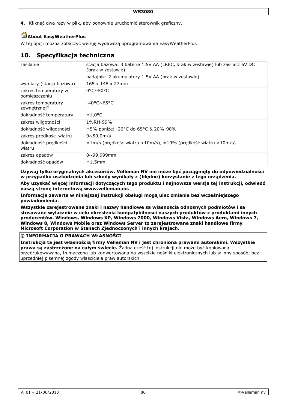 About easyweatherplus, Specyfikacja techniczna | Velleman WS3080 User Manual | Page 86 / 90