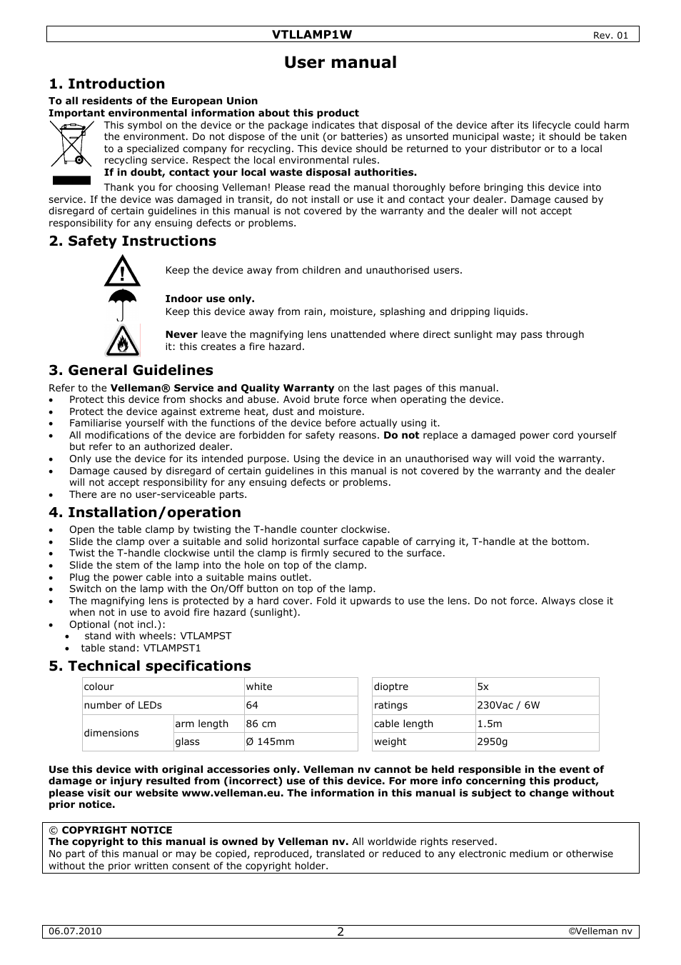 User manual, Introduction, Safety instructions | General guidelines, Installation/operation, Technical specifications | Velleman VTLLAMP1W User Manual | Page 2 / 10