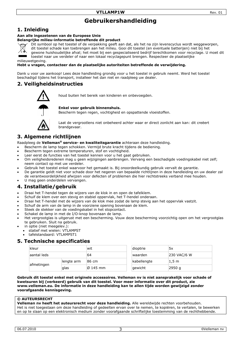 Gebruikershandleiding, Inleiding, Veiligheidsinstructies | Algemene richtlijnen, Installatie/gebruik, Technische specificaties | Velleman VTLLAMP1W User Manual | Page 3 / 10