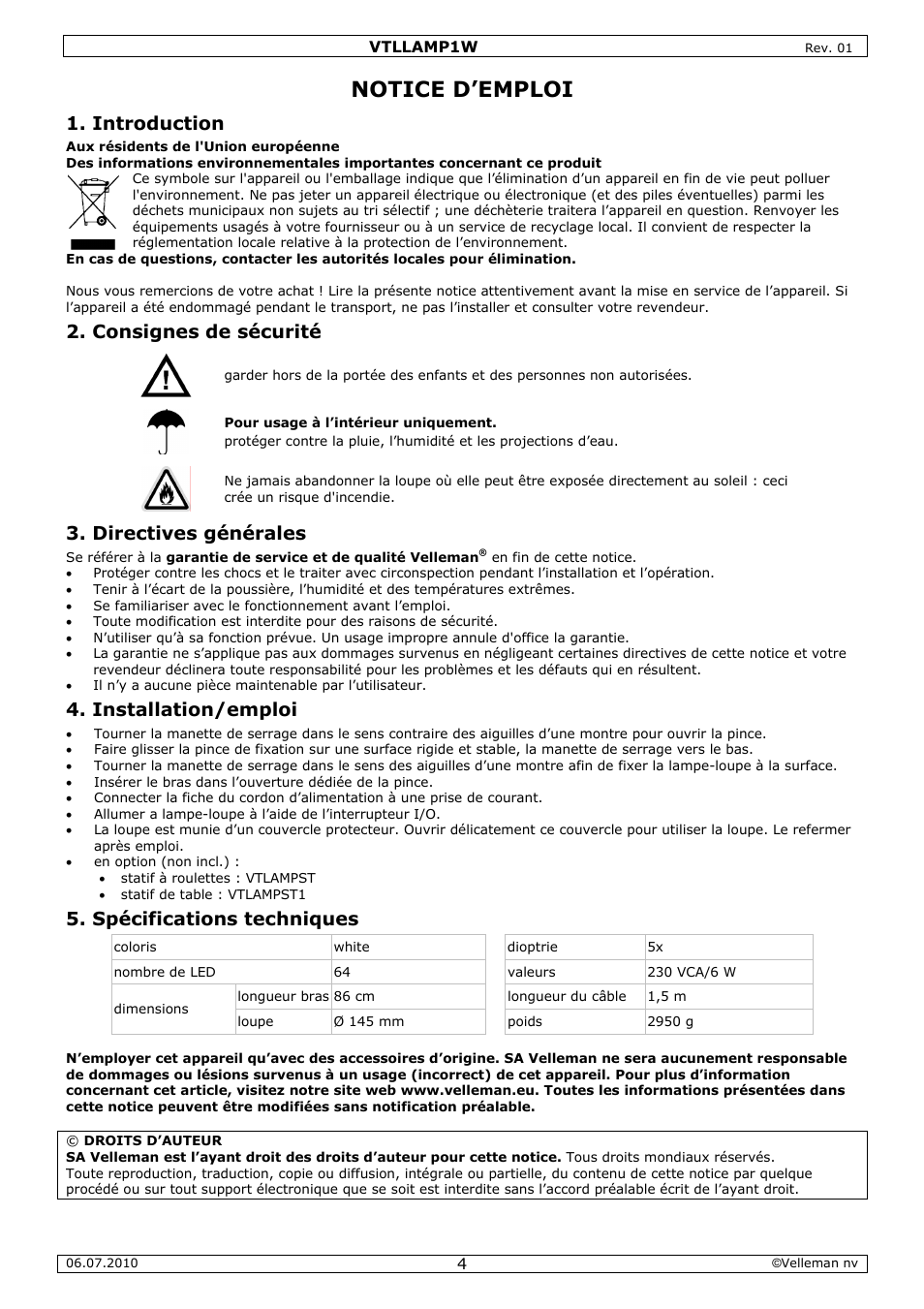 Notice d’emploi, Introduction, Consignes de sécurité | Directives générales, Installation/emploi, Spécifications techniques | Velleman VTLLAMP1W User Manual | Page 4 / 10