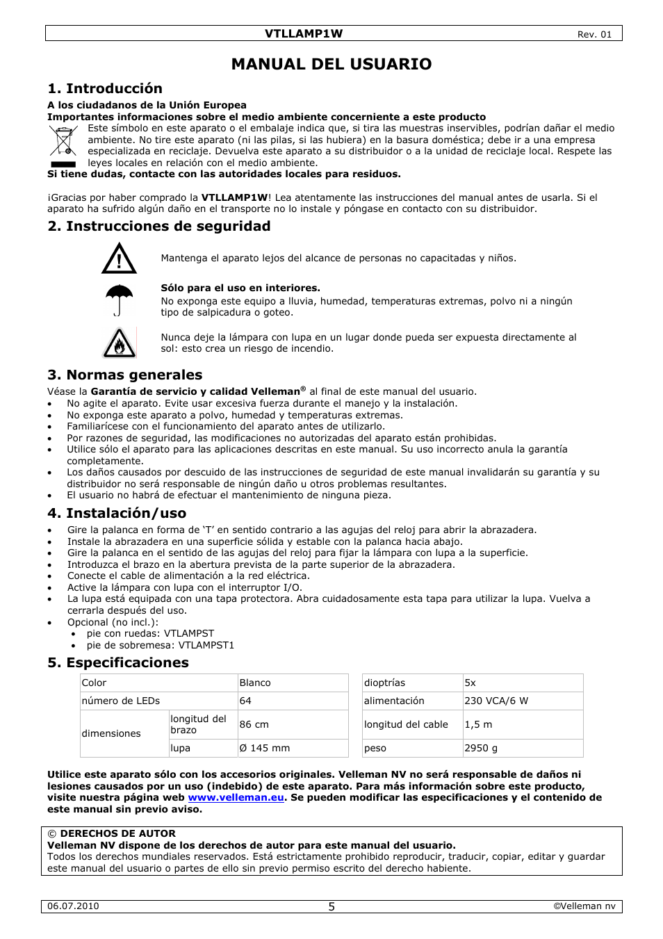 Manual del usuario, Introducción, Instrucciones de seguridad | Normas generales, Instalación/uso, Especificaciones | Velleman VTLLAMP1W User Manual | Page 5 / 10