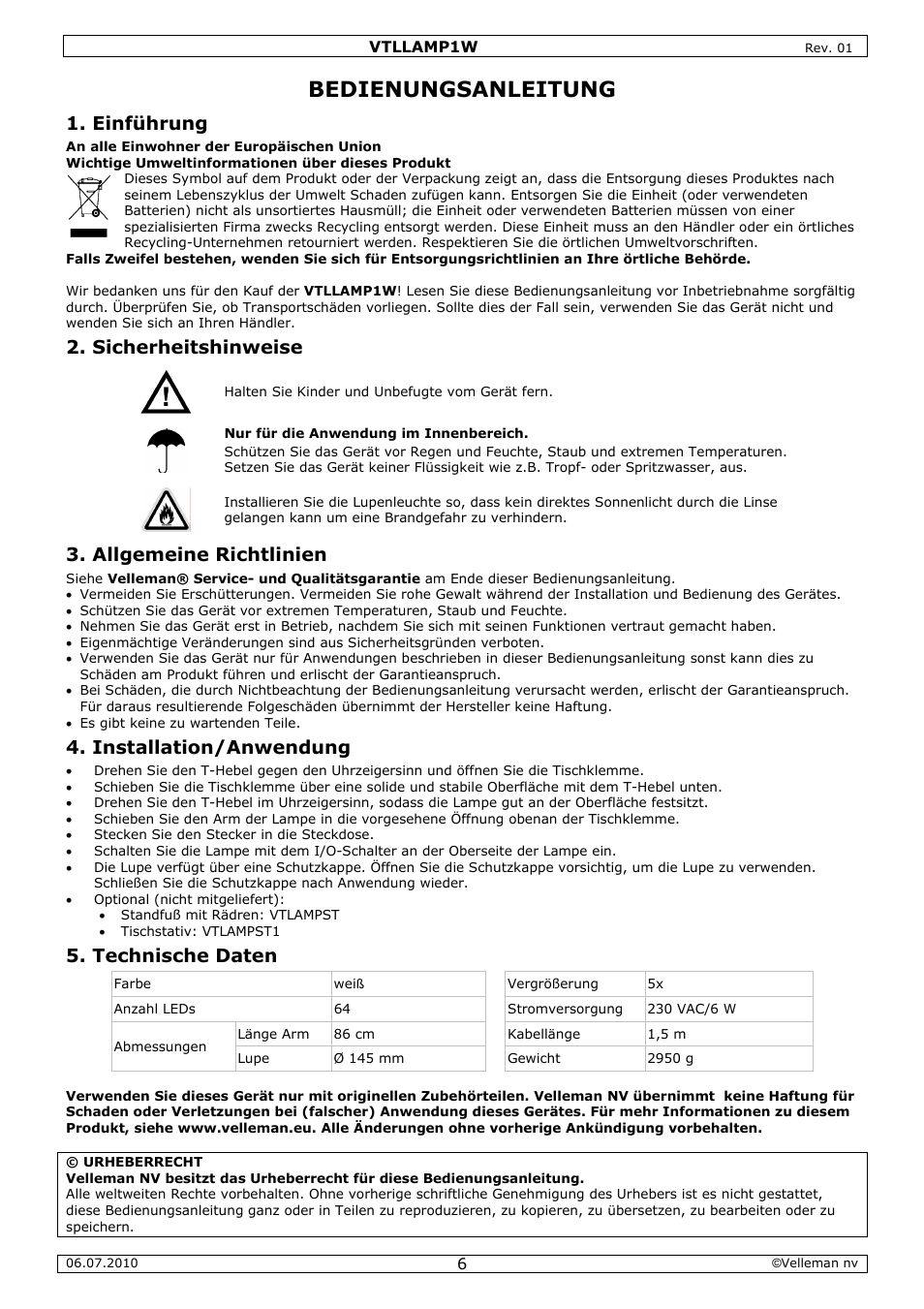 Bedienungsanleitung, Einführung, Sicherheitshinweise | Allgemeine richtlinien, Installation/anwendung, Technische daten | Velleman VTLLAMP1W User Manual | Page 6 / 10