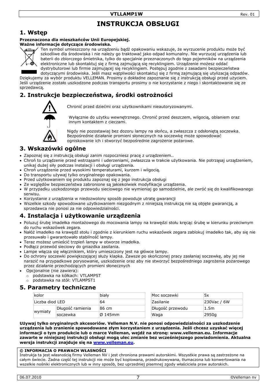 Instrukcja obsługi, Wstęp, Instrukcje bezpieczeństwa, środki ostrożności | Wskazówki ogólne, Instalacja i użytkowanie urządzenia, Parametry techniczne | Velleman VTLLAMP1W User Manual | Page 7 / 10