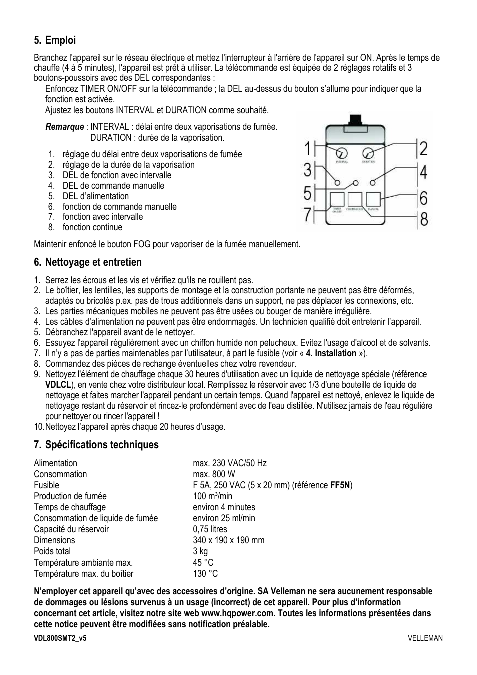 Emploi, Nettoyage et entretien, Spécifications techniques | Velleman VDL800SMT2 User Manual | Page 10 / 23