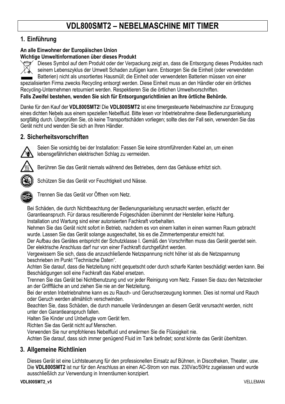 Vdl800smt2 – nebelmaschine mit timer, Einführung, Sicherheitsvorschriften | Allgemeine richtlinien | Velleman VDL800SMT2 User Manual | Page 14 / 23