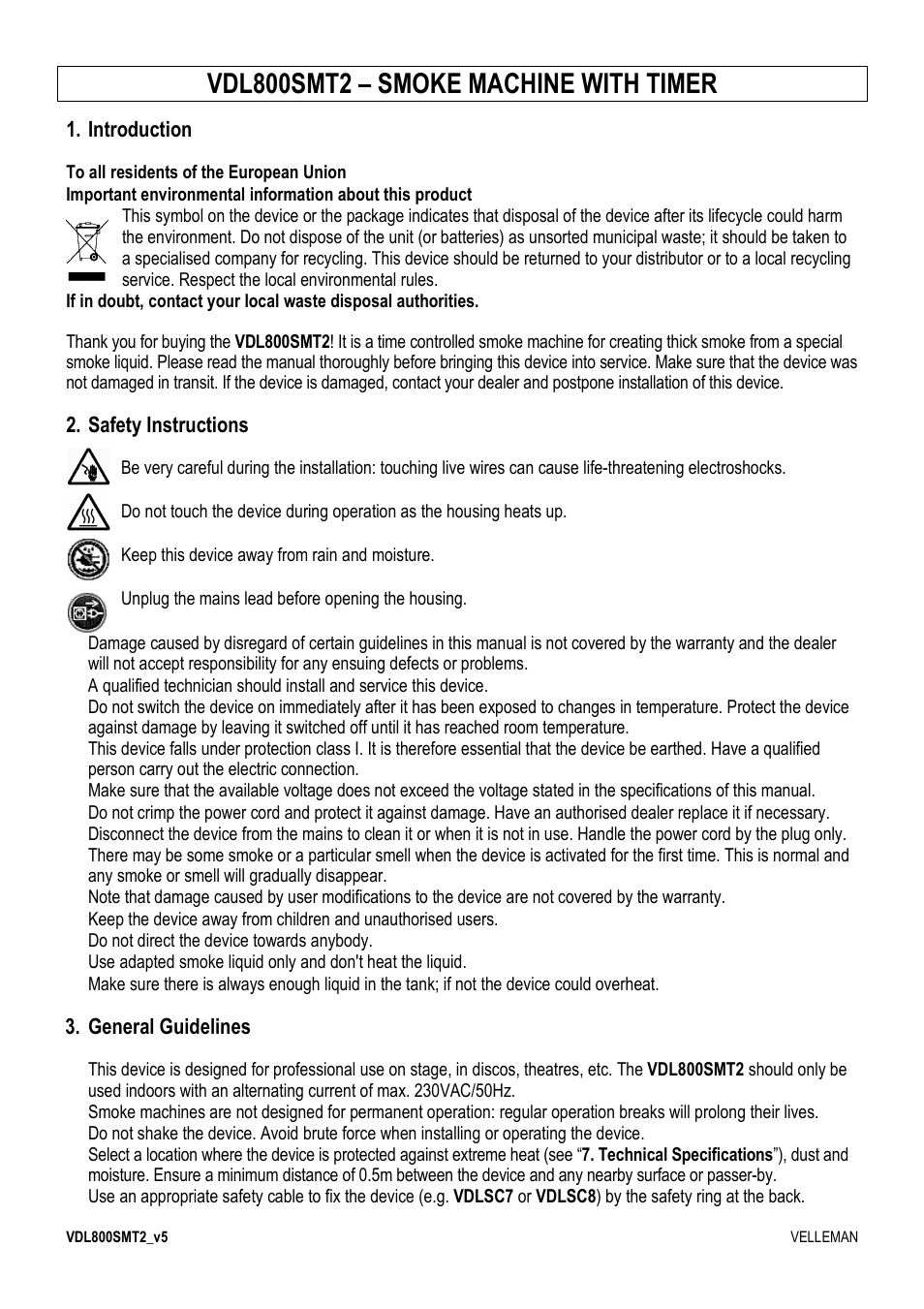 Vdl800smt2 – smoke machine with timer | Velleman VDL800SMT2 User Manual | Page 2 / 23