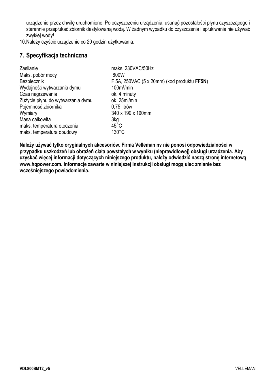 Specyfikacja techniczna | Velleman VDL800SMT2 User Manual | Page 21 / 23