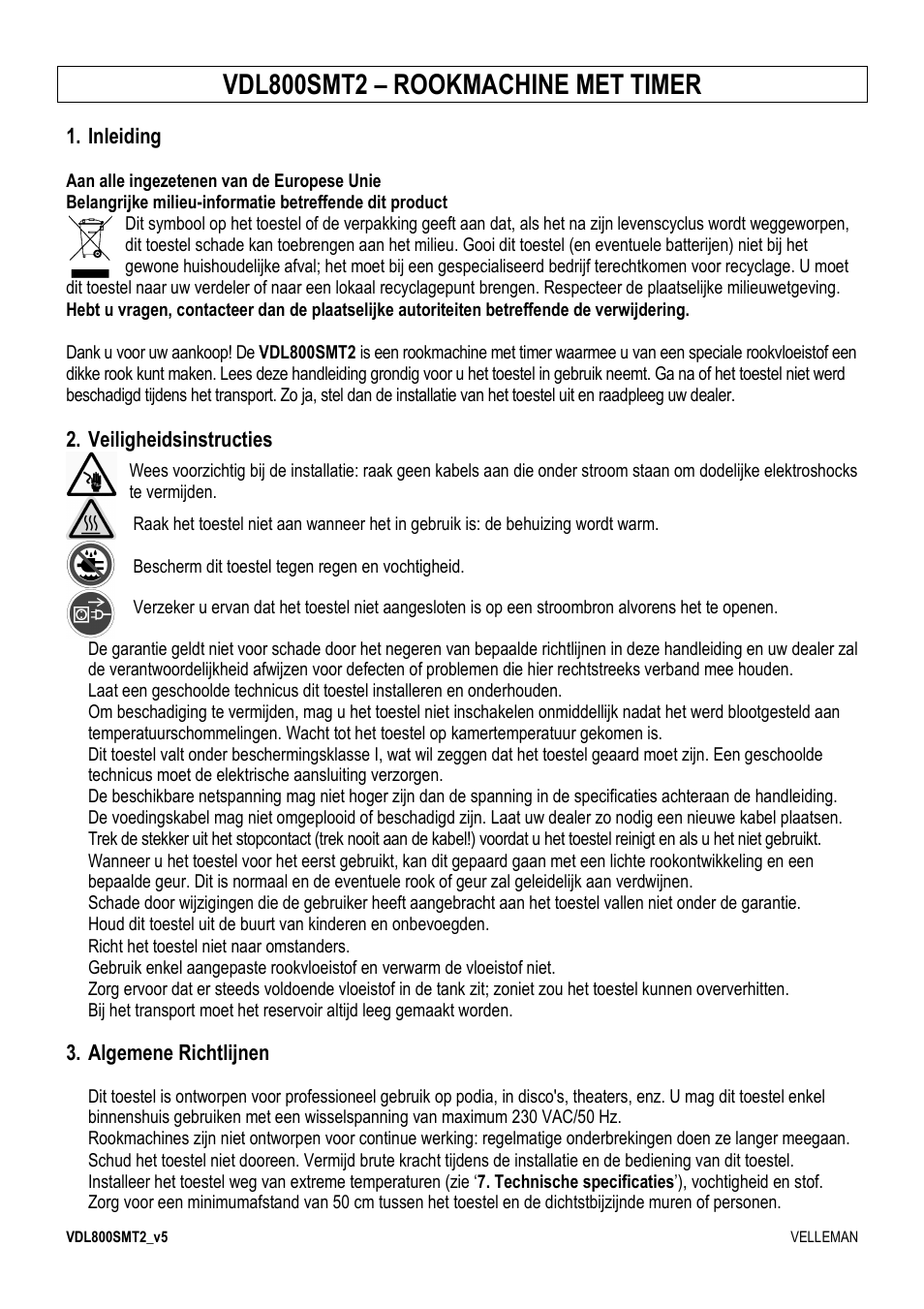 Vdl800smt2 – rookmachine met timer | Velleman VDL800SMT2 User Manual | Page 5 / 23