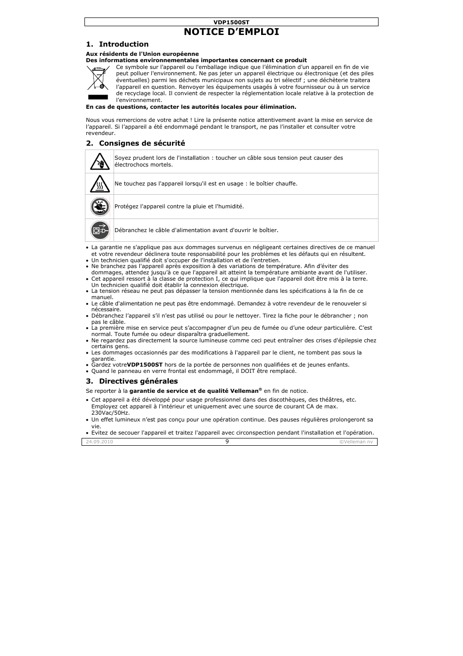 Otice d, Emploi | Velleman VDP1500ST User Manual | Page 9 / 22