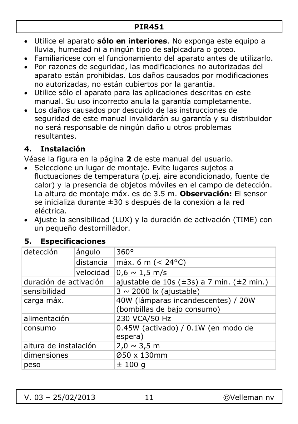 Instalación, Especificaciones | Velleman PIR451 User Manual | Page 11 / 26